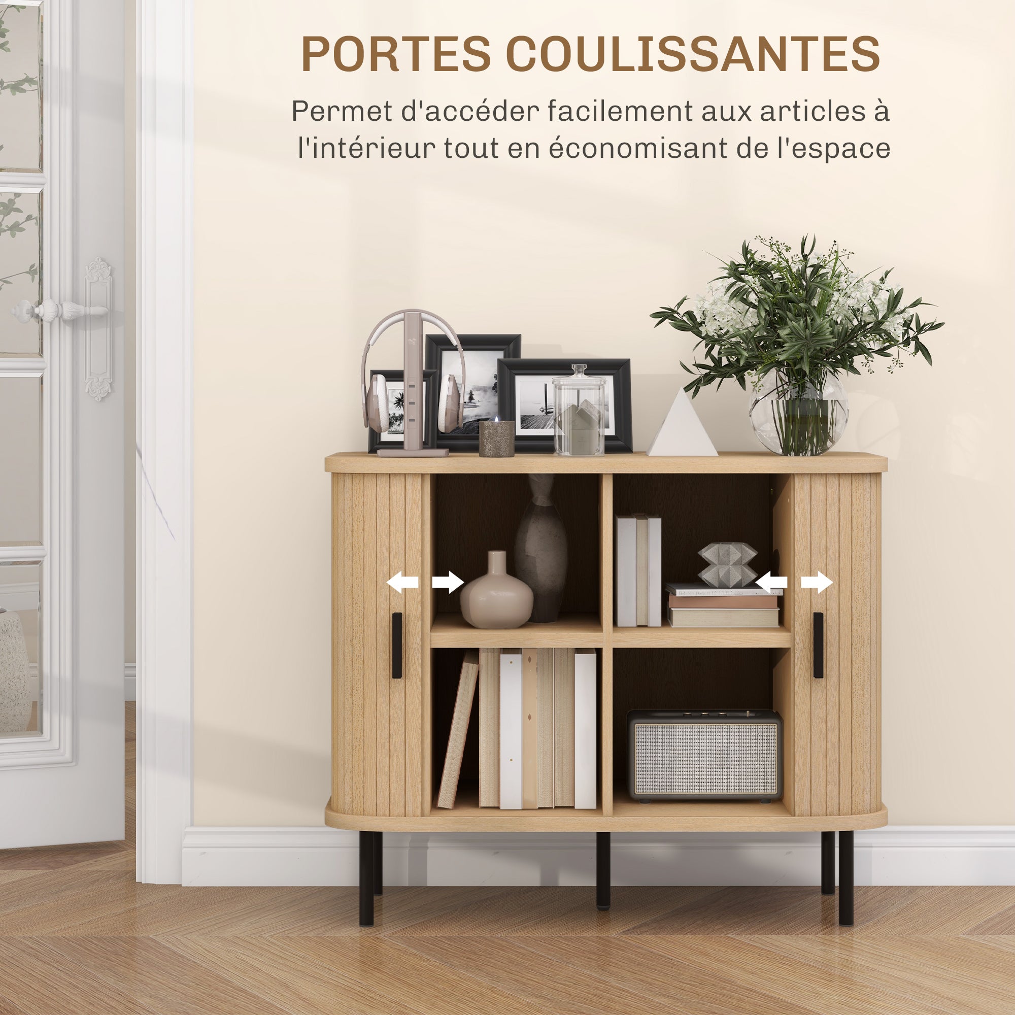 Buffet meuble de rangement avec portes coulissantes à lattes, armoire de cuisine avec pieds en acier, dim. 90L x 40l x 75H cm ton chêne
