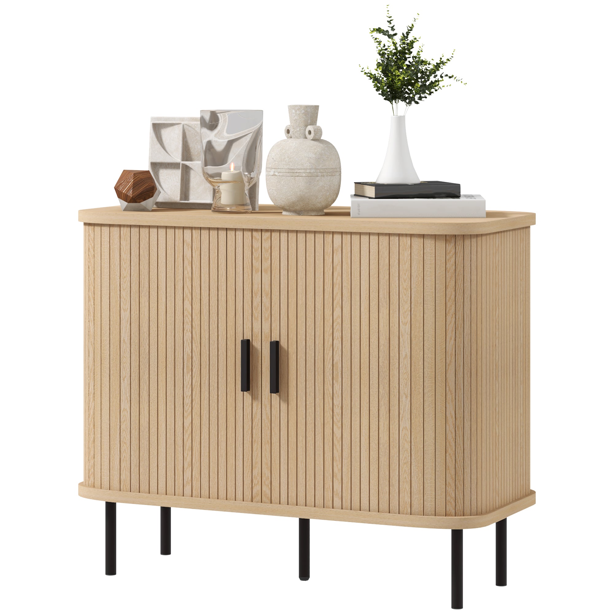 Buffet meuble de rangement avec portes coulissantes à lattes, armoire de cuisine avec pieds en acier, dim. 90L x 40l x 75H cm ton chêne