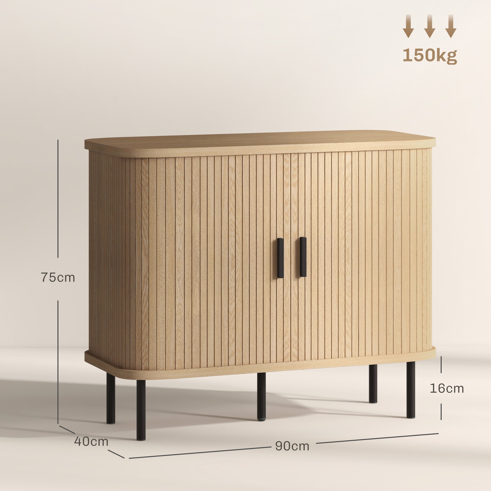 Buffet meuble de rangement avec portes coulissantes à lattes, armoire de cuisine avec pieds en acier, dim. 90L x 40l x 75H cm ton chêne
