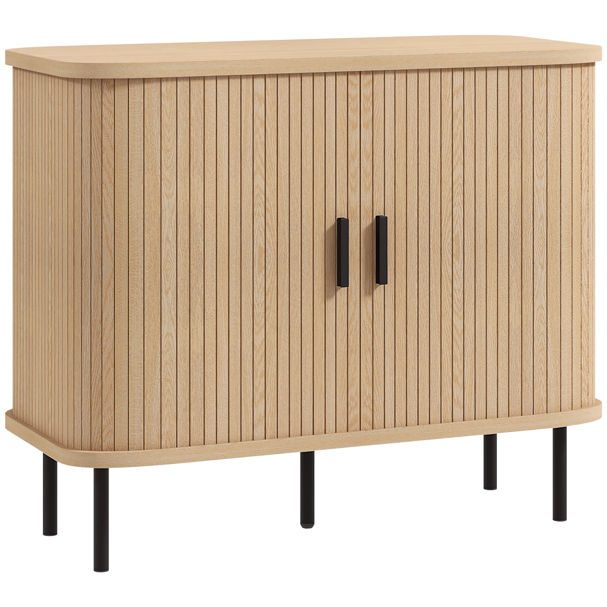 Buffet meuble de rangement avec portes coulissantes à lattes, armoire de cuisine avec pieds en acier, dim. 90L x 40l x 75H cm ton chêne