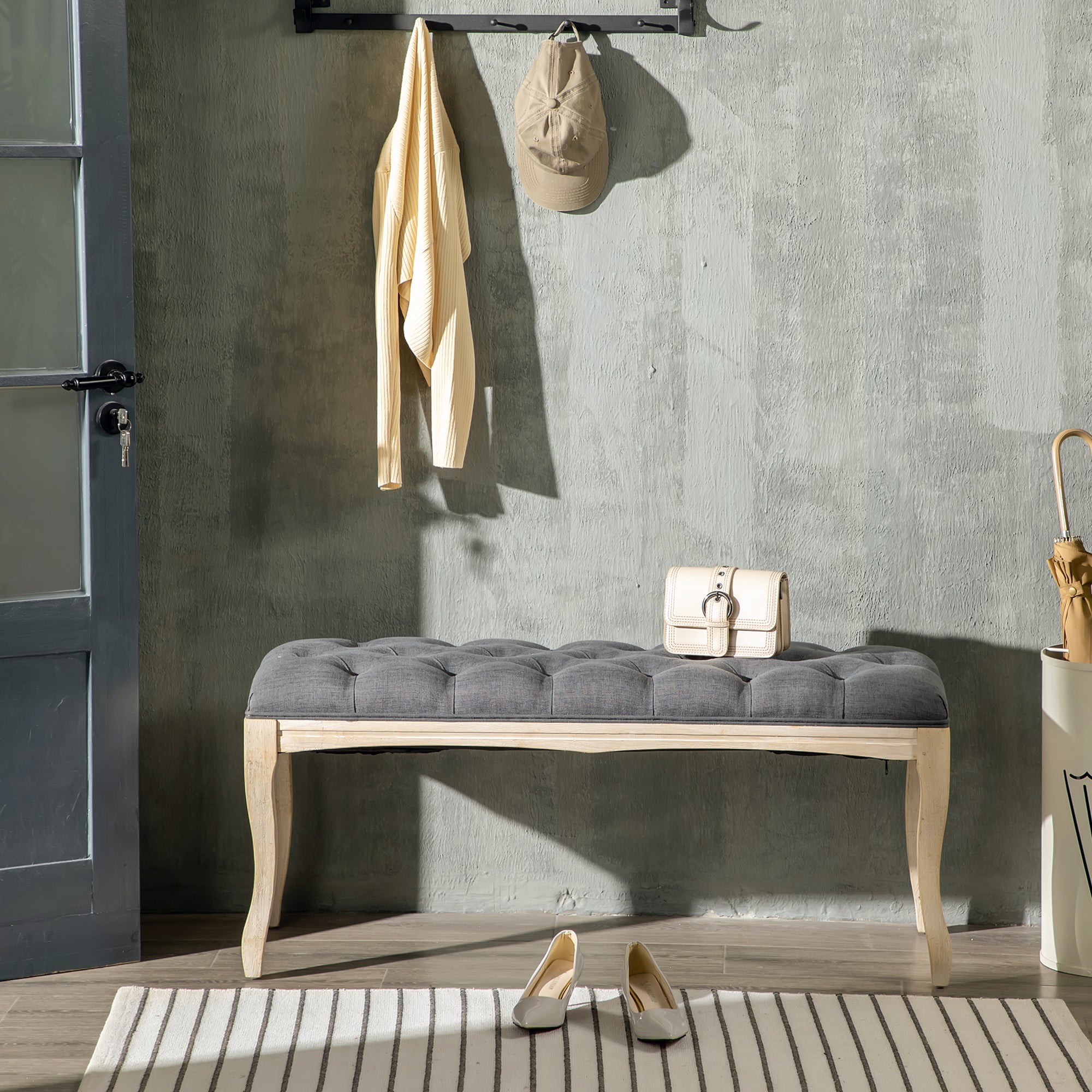 Banc Banquette capitonnée Style Classique 110 cm Bout de lit Rembourrée en lin piètement Bois hévéa sculpté Lin Gris