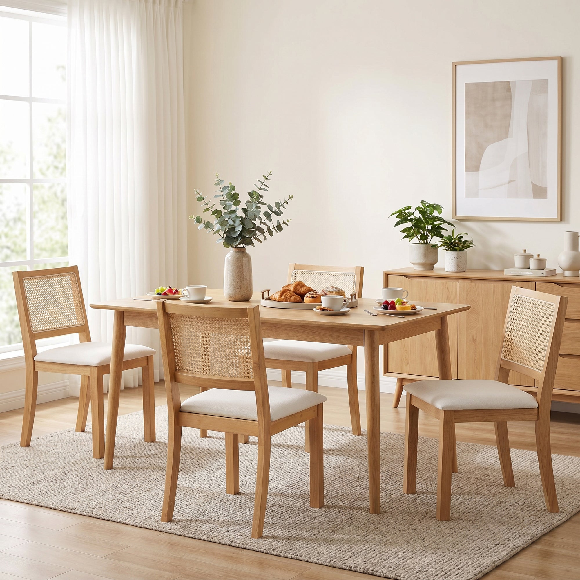 Lot de 2 chaises de salle à manger, chaises de cuisine avec assise rembourrée, dossier effet rotin, structure en bois d'hévéa massif, tissu aspect lin, crème et chêne