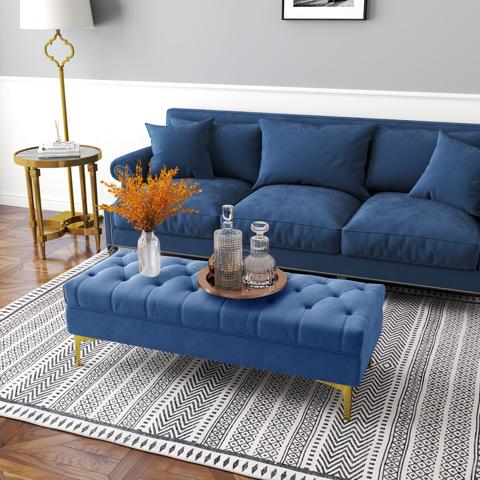 Banc banquette capitonnée bout de lit style classique chic dim. 118L x 45l x 42H cm piètement métal doré velours bleu