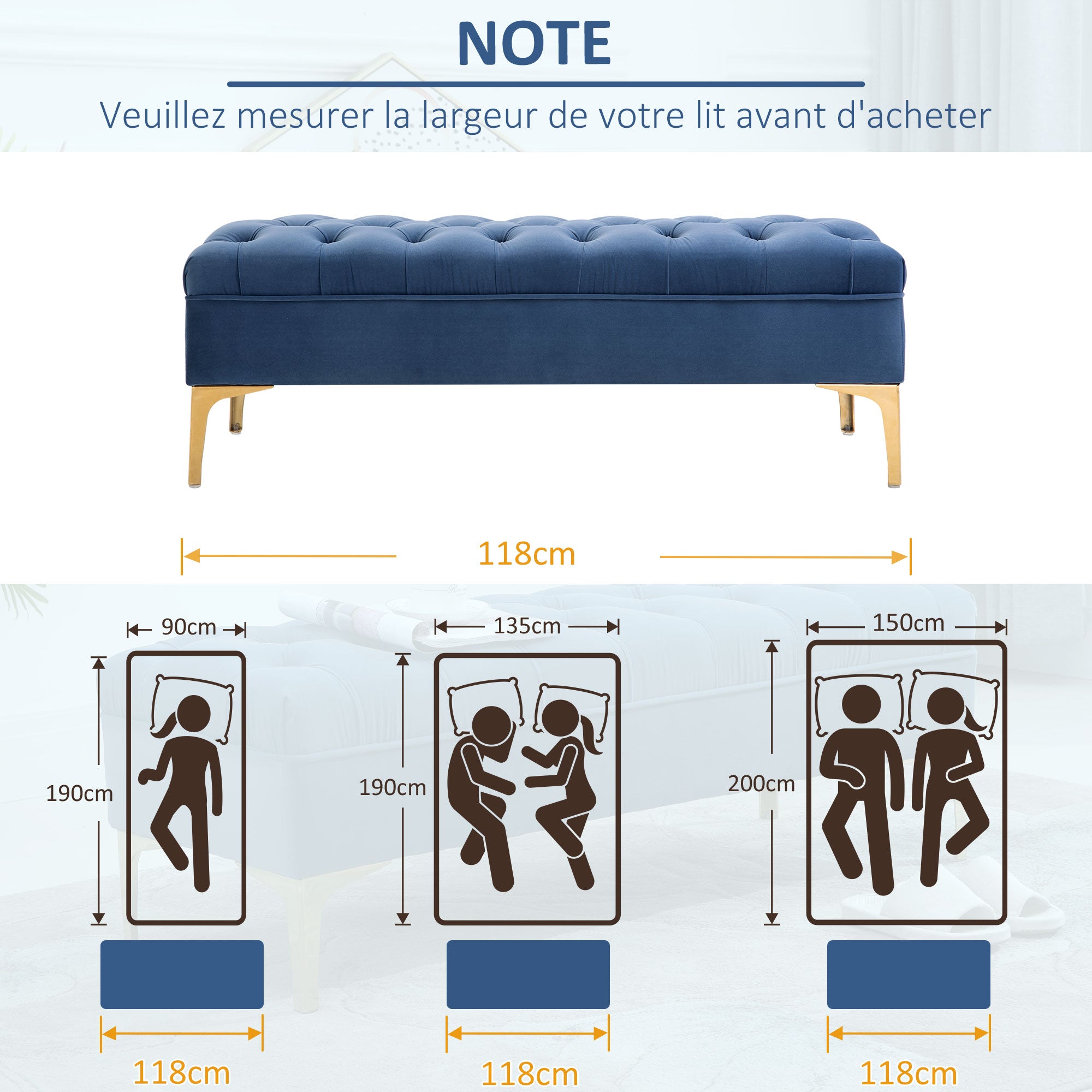 Banc banquette capitonnée bout de lit style classique chic dim. 118L x 45l x 42H cm piètement métal doré velours bleu