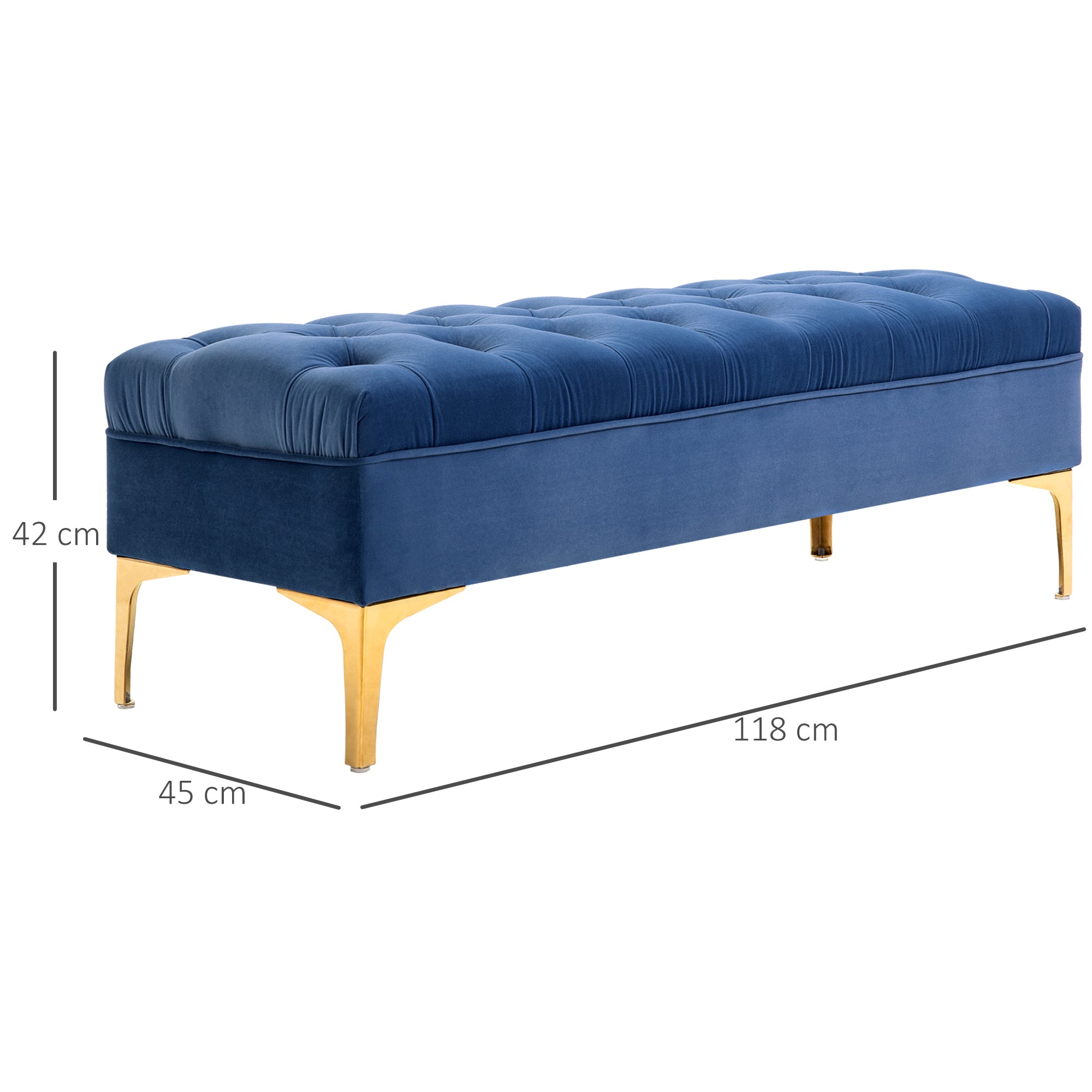 Banc banquette capitonnée bout de lit style classique chic dim. 118L x 45l x 42H cm piètement métal doré velours bleu