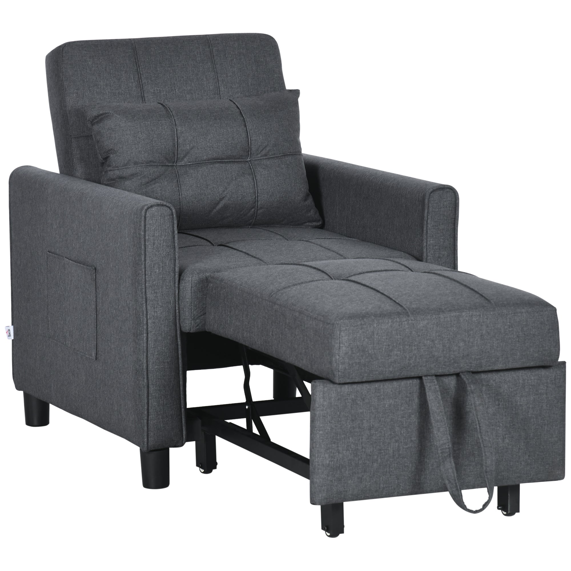 Fauteuil convertible 1 place 3 en 1, fauteuil lit avec dossier réglable en 3 positions, oreiller inclus et 2 poches latérales, canapé-lit 1 place pour invités, salon, bureau, gris
