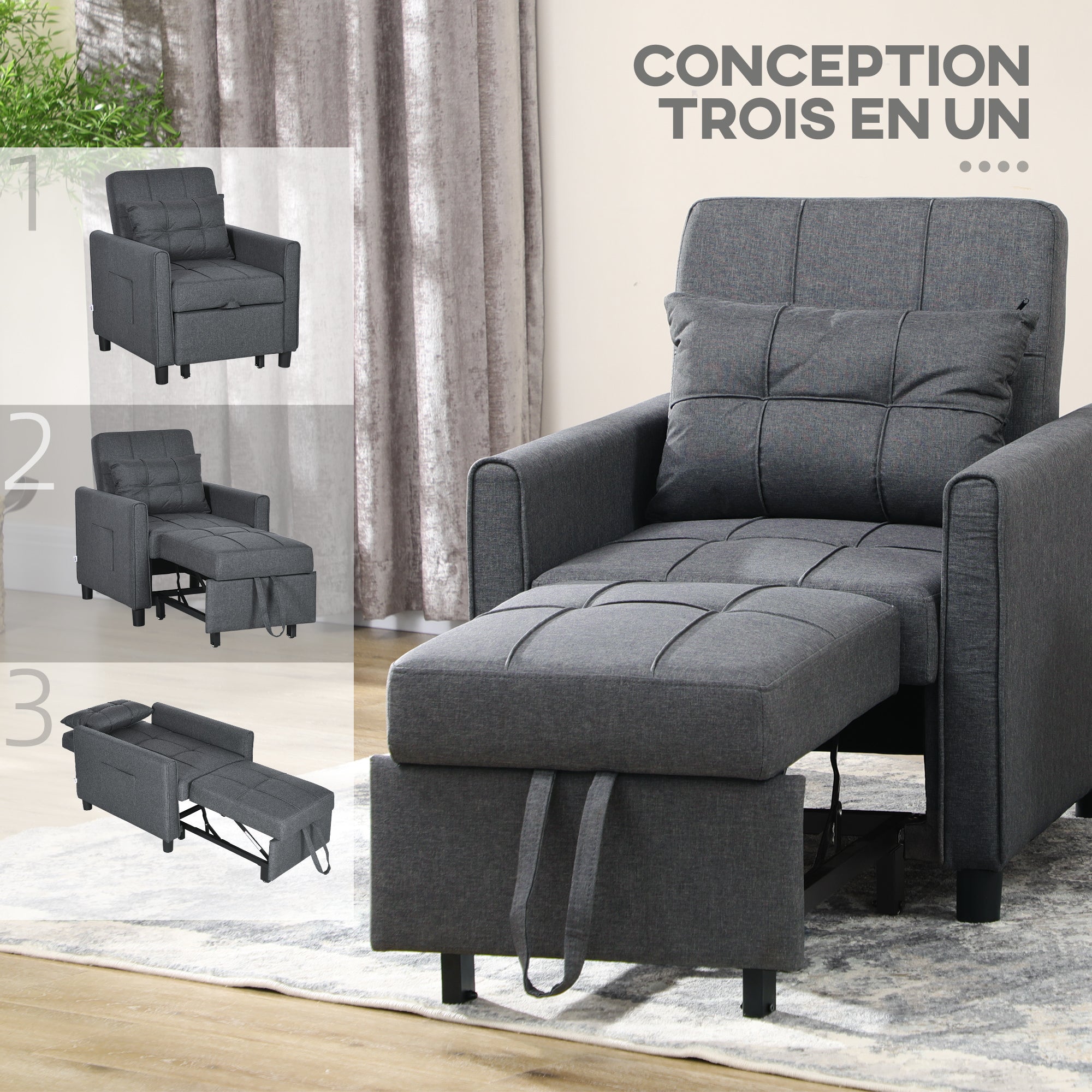 Fauteuil convertible 1 place 3 en 1, fauteuil lit avec dossier réglable en 3 positions, oreiller inclus et 2 poches latérales, canapé-lit 1 place pour invités, salon, bureau, gris