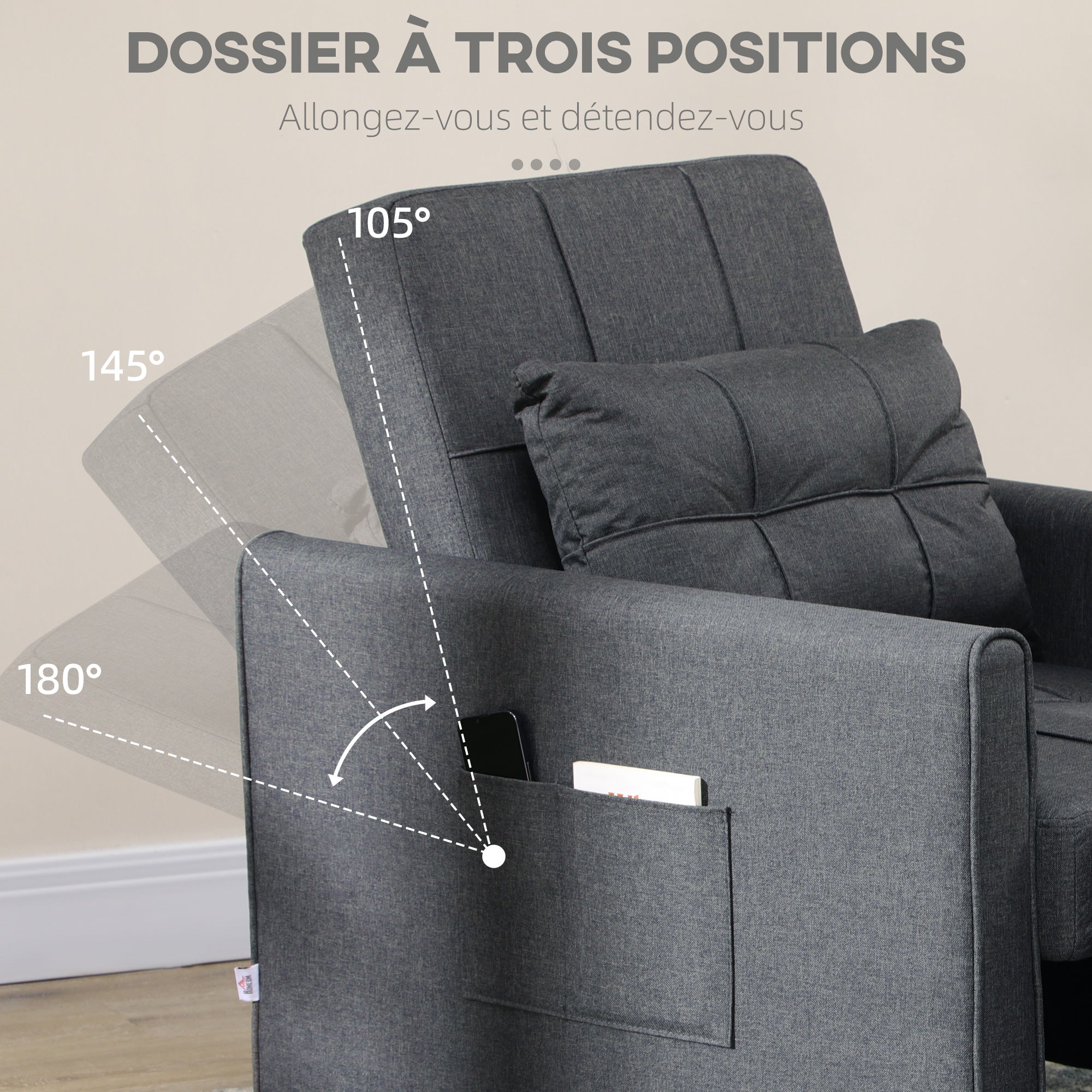 Fauteuil convertible 1 place 3 en 1, fauteuil lit avec dossier réglable en 3 positions, oreiller inclus et 2 poches latérales, canapé-lit 1 place pour invités, salon, bureau, gris