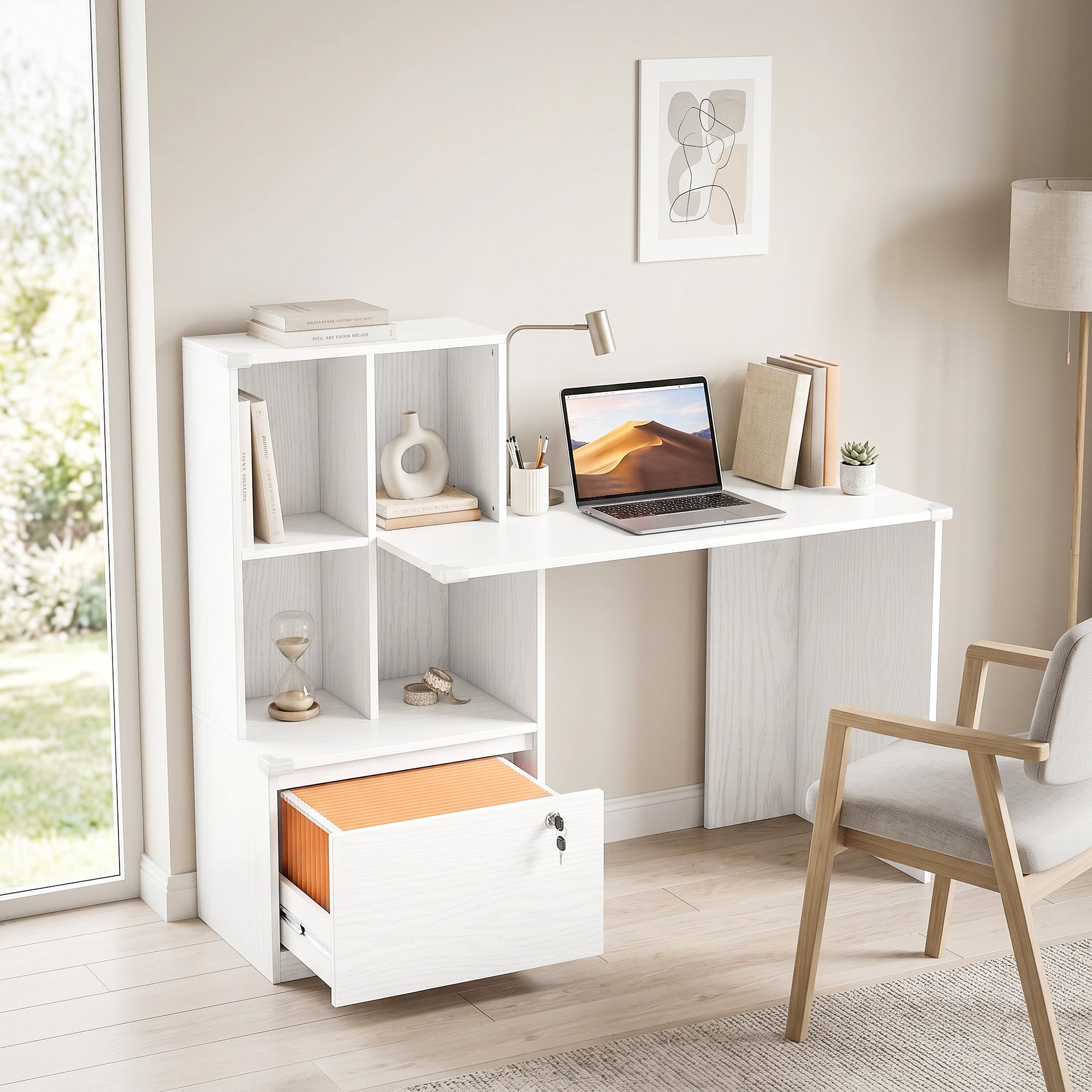 Bureau d'ordinateur avec bibliothèque 4 compartiments et tiroir verrouillable à dossiers, patins anti-collision, table informatique pour chambre salle d'étude, 126x50x109cm, grain de bois blanc