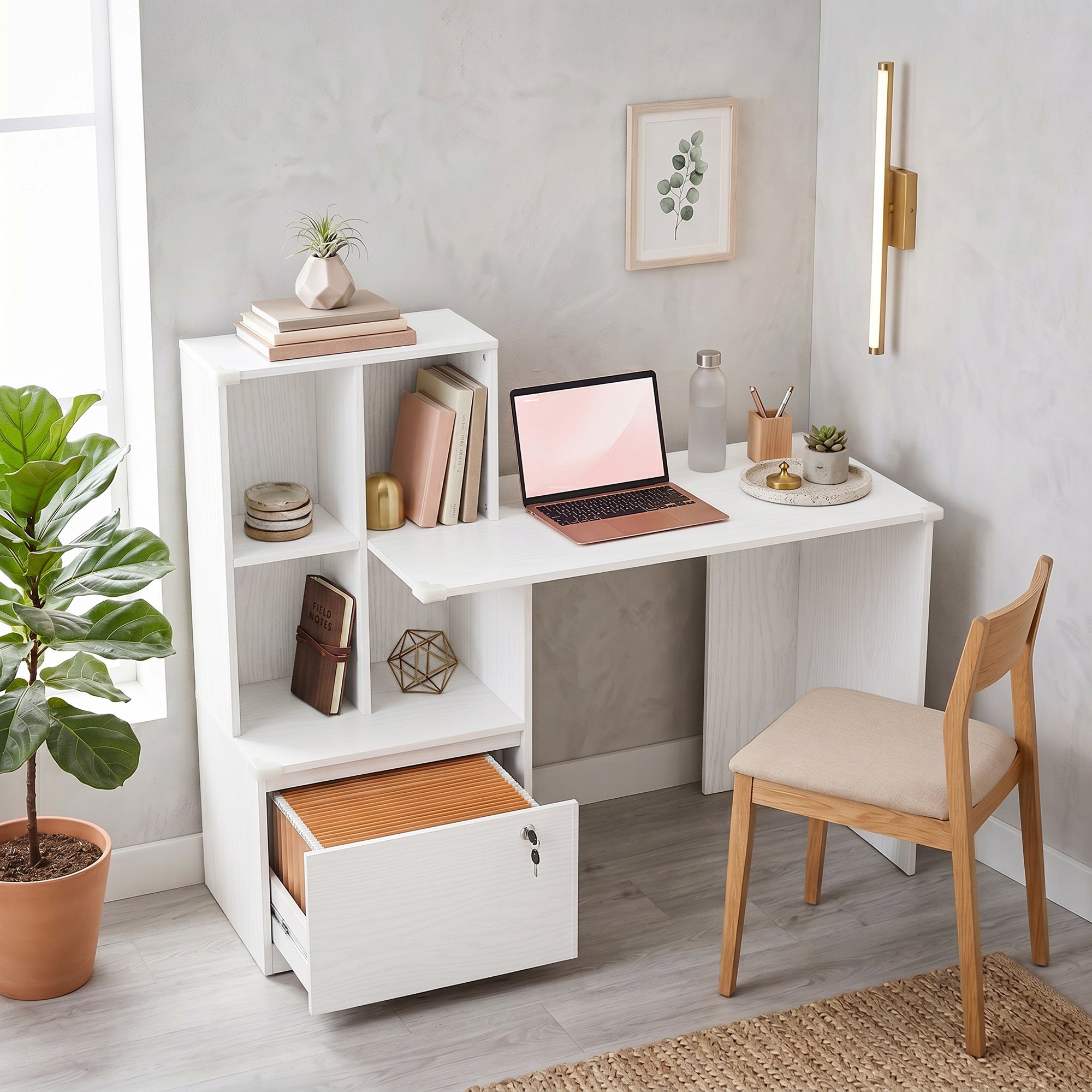 Bureau d'ordinateur avec bibliothèque 4 compartiments et tiroir verrouillable à dossiers, patins anti-collision, table informatique pour chambre salle d'étude, 126x50x109cm, grain de bois blanc