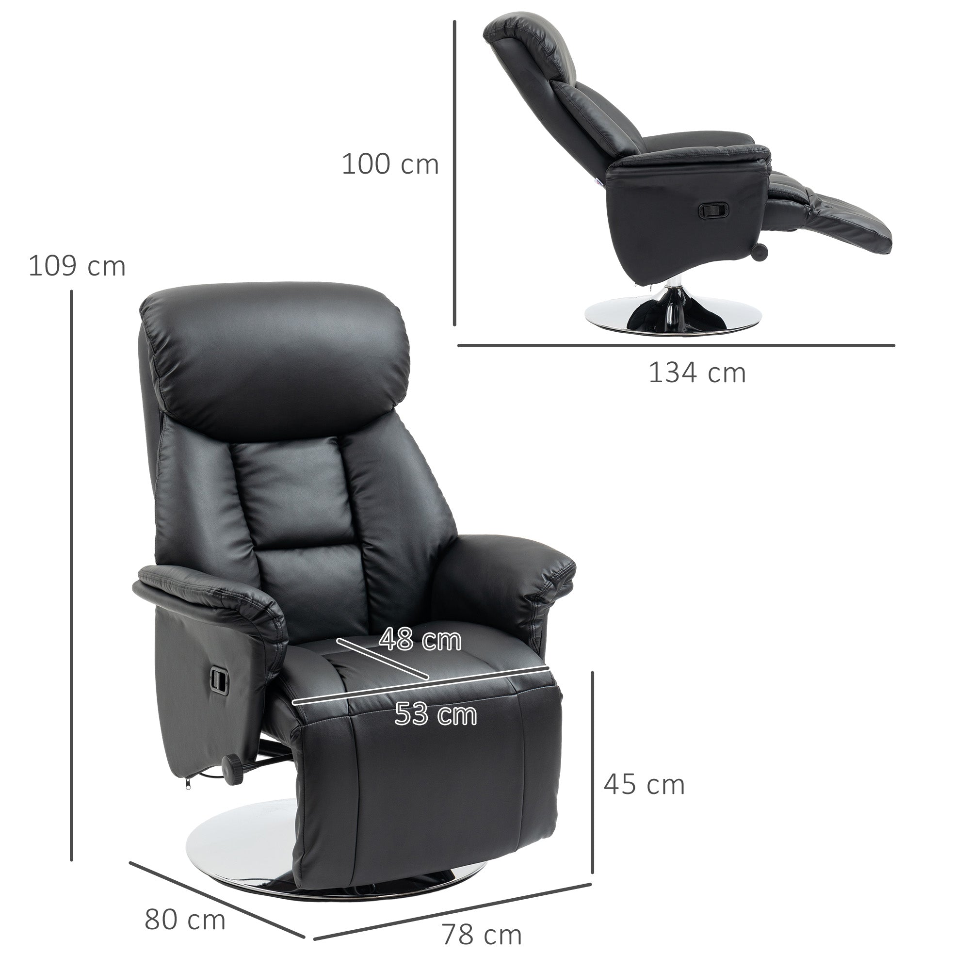 Fauteuil de relaxation fauteuil relax de salon inclinable pivotant repose-pied réglable accoudoirs, chaise TV en similicuir synthétique, jusqu'à 150 kg, pour salon, chambre, home cinéma, noir