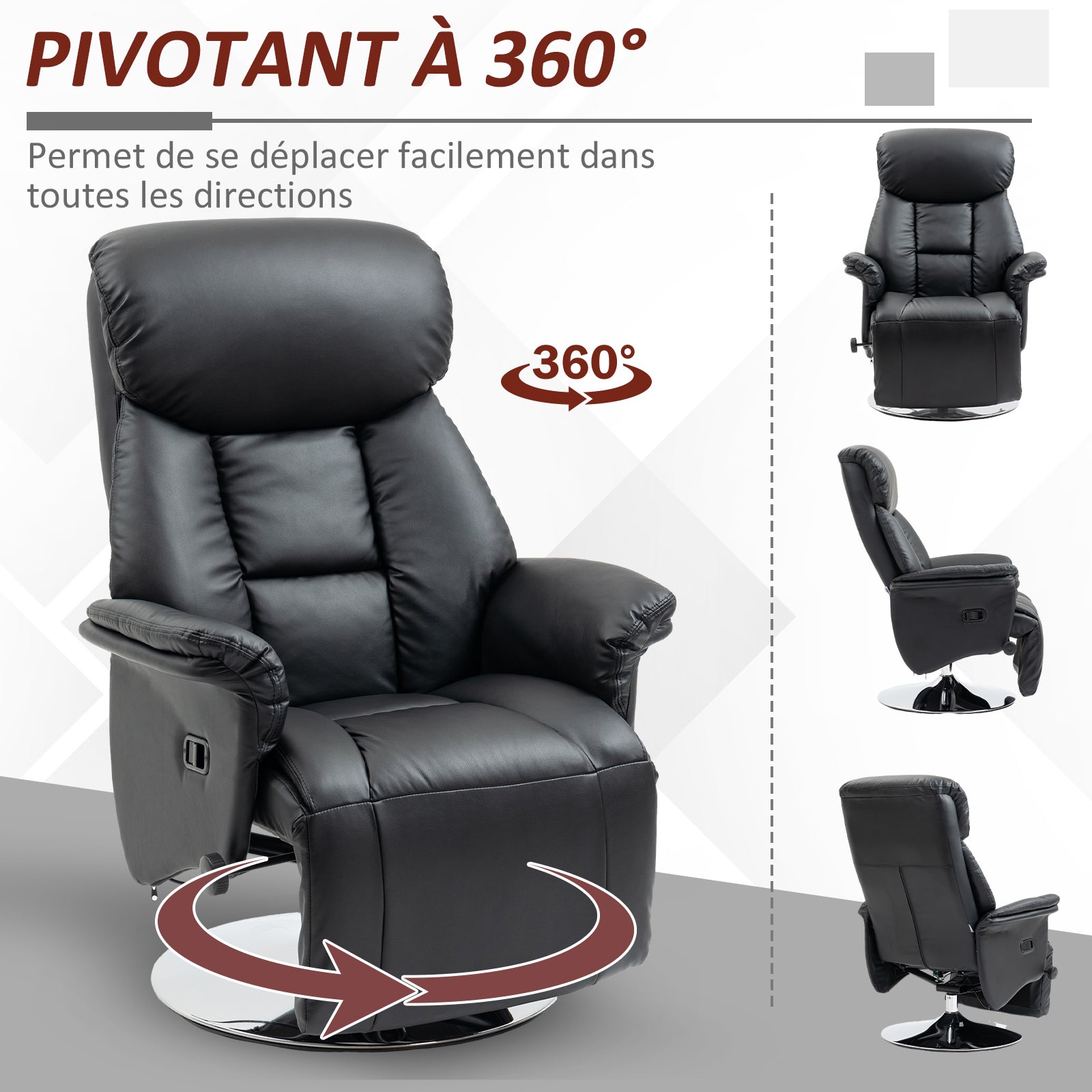 Fauteuil de relaxation fauteuil relax de salon inclinable pivotant repose-pied réglable accoudoirs, chaise TV en similicuir synthétique, jusqu'à 150 kg, pour salon, chambre, home cinéma, noir