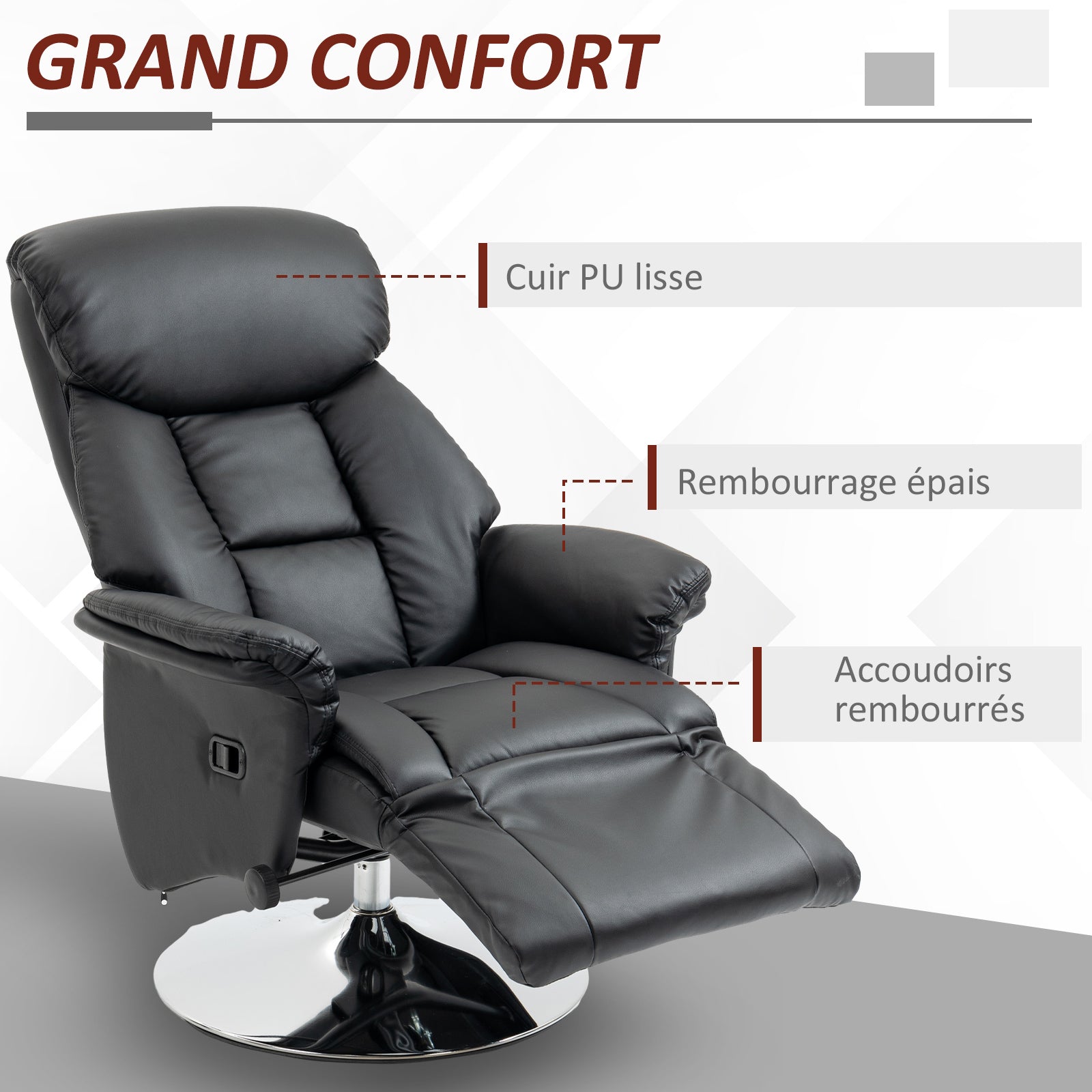 Fauteuil de relaxation fauteuil relax de salon inclinable pivotant repose-pied réglable accoudoirs, chaise TV en similicuir synthétique, jusqu'à 150 kg, pour salon, chambre, home cinéma, noir