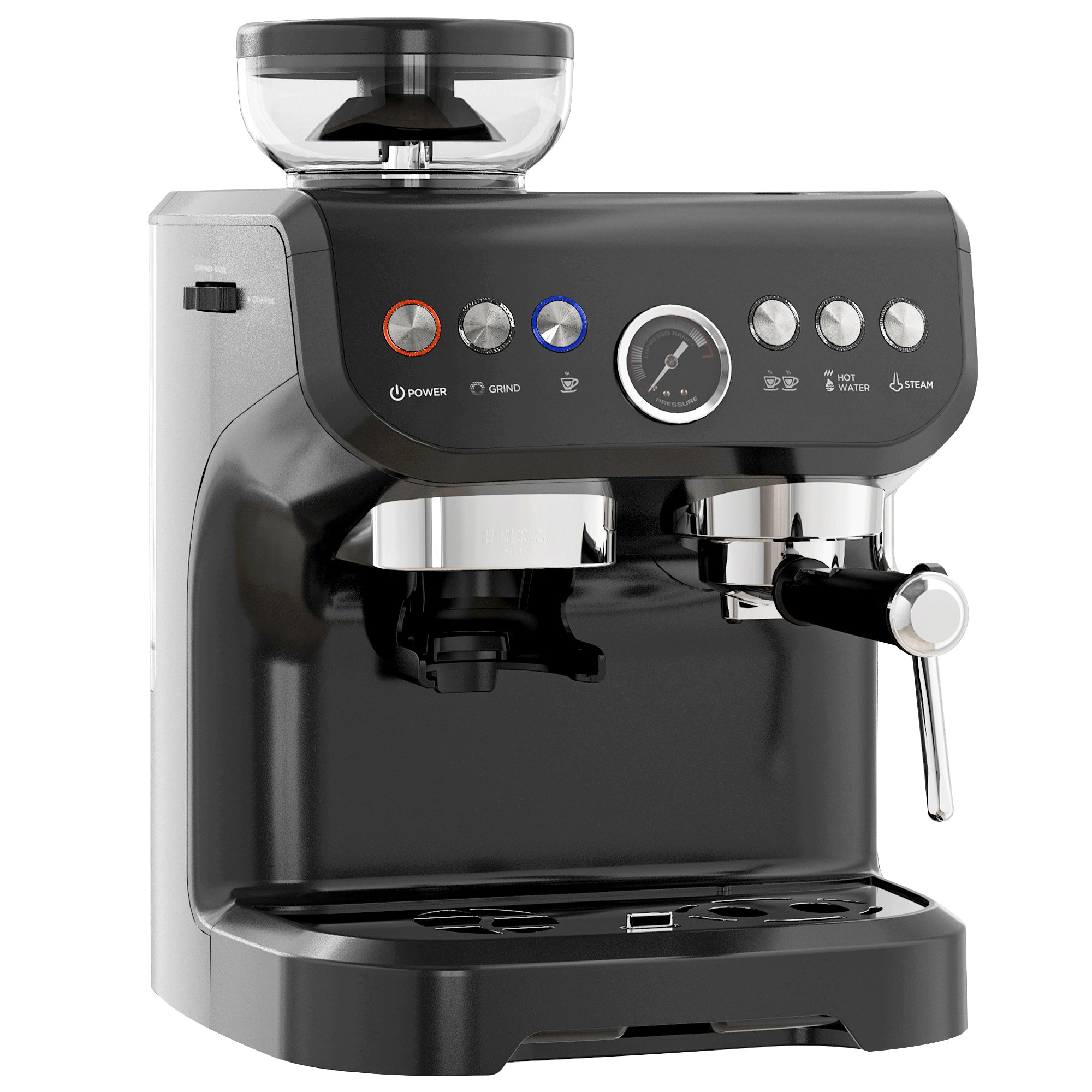 Machine à expresso machine à café à grains 1600W avec moulin à grains, buse vapeur, pompe italienne 15 bars, 1 ou 2 tasses, réservoir d'eau 2 L, cafetière espresso en acier inoxydable, noir