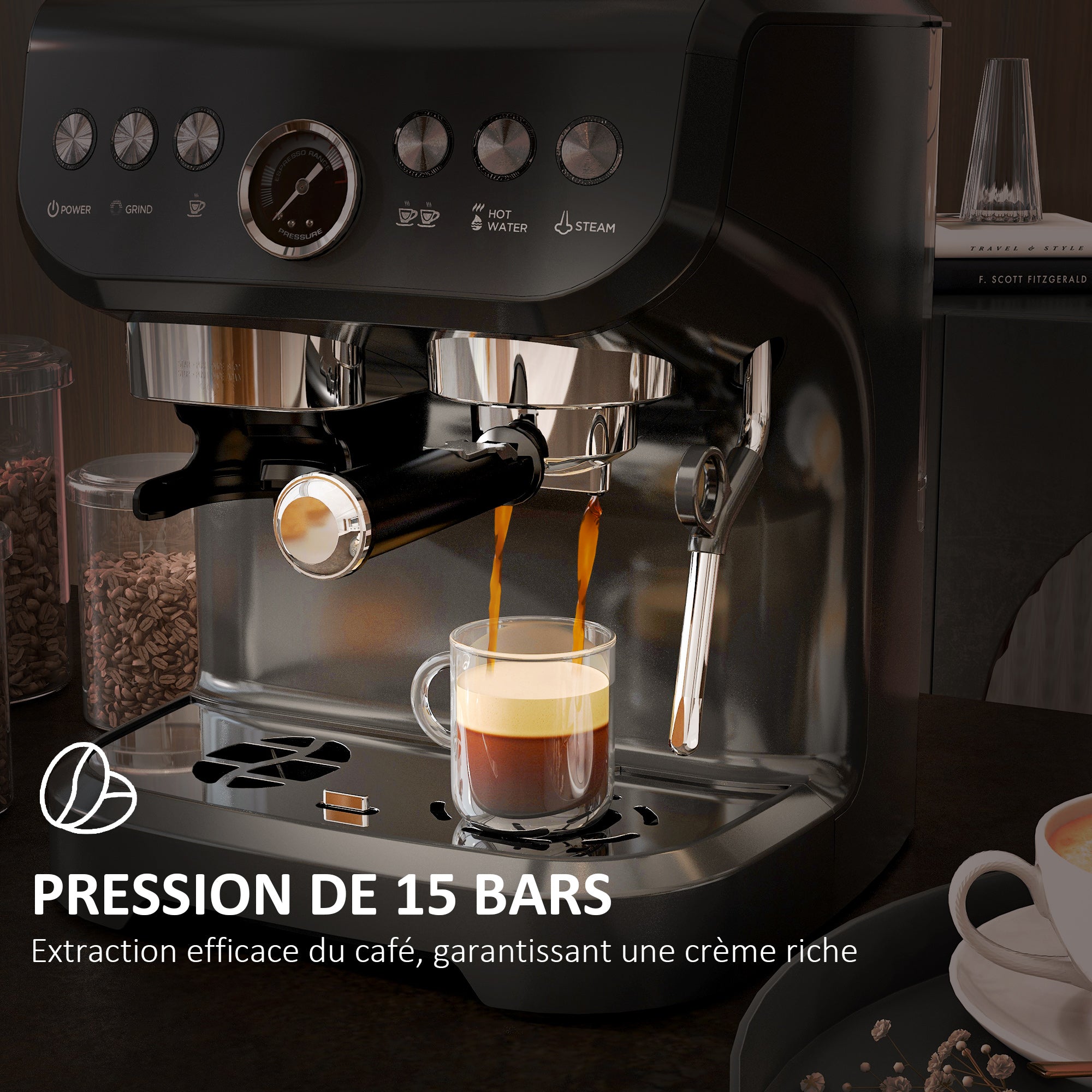 Machine à expresso machine à café à grains 1600W avec moulin à grains, buse vapeur, pompe italienne 15 bars, 1 ou 2 tasses, réservoir d'eau 2 L, cafetière espresso en acier inoxydable, noir