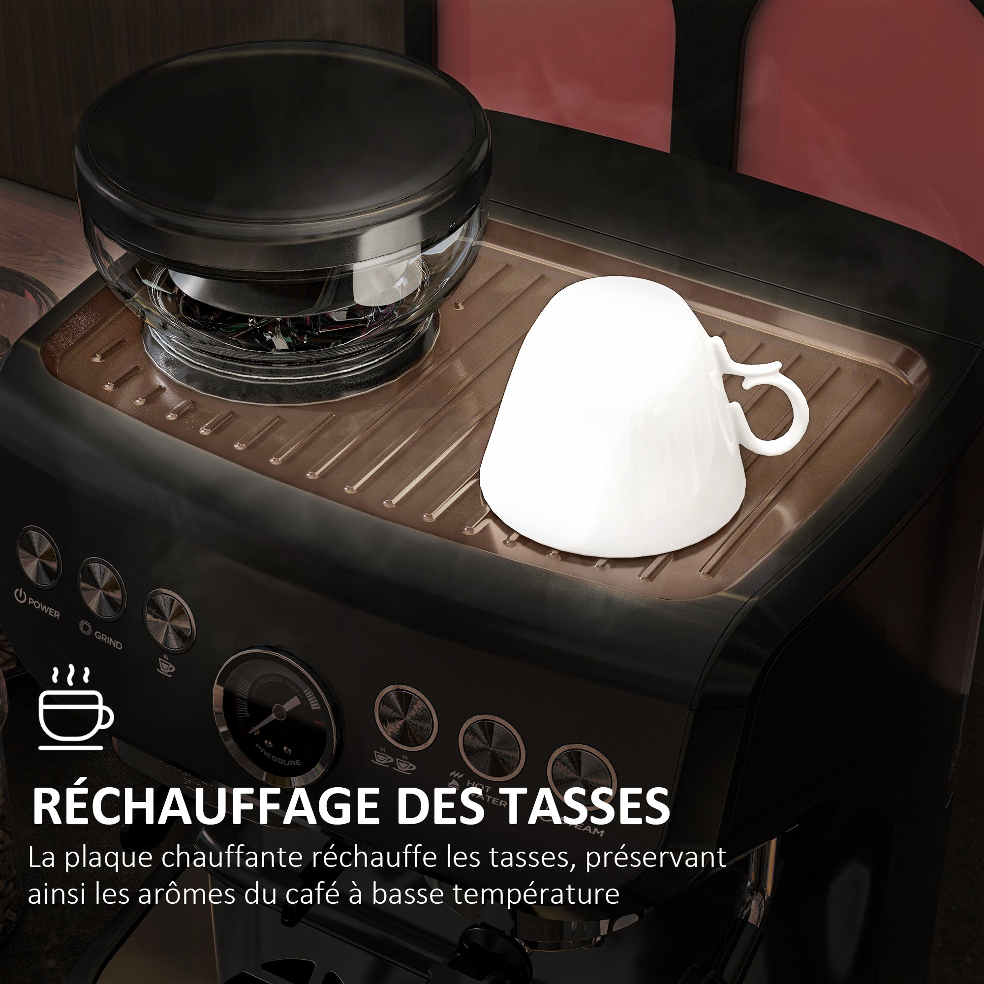 Machine à expresso machine à café à grains 1600W avec moulin à grains, buse vapeur, pompe italienne 15 bars, 1 ou 2 tasses, réservoir d'eau 2 L, cafetière espresso en acier inoxydable, noir