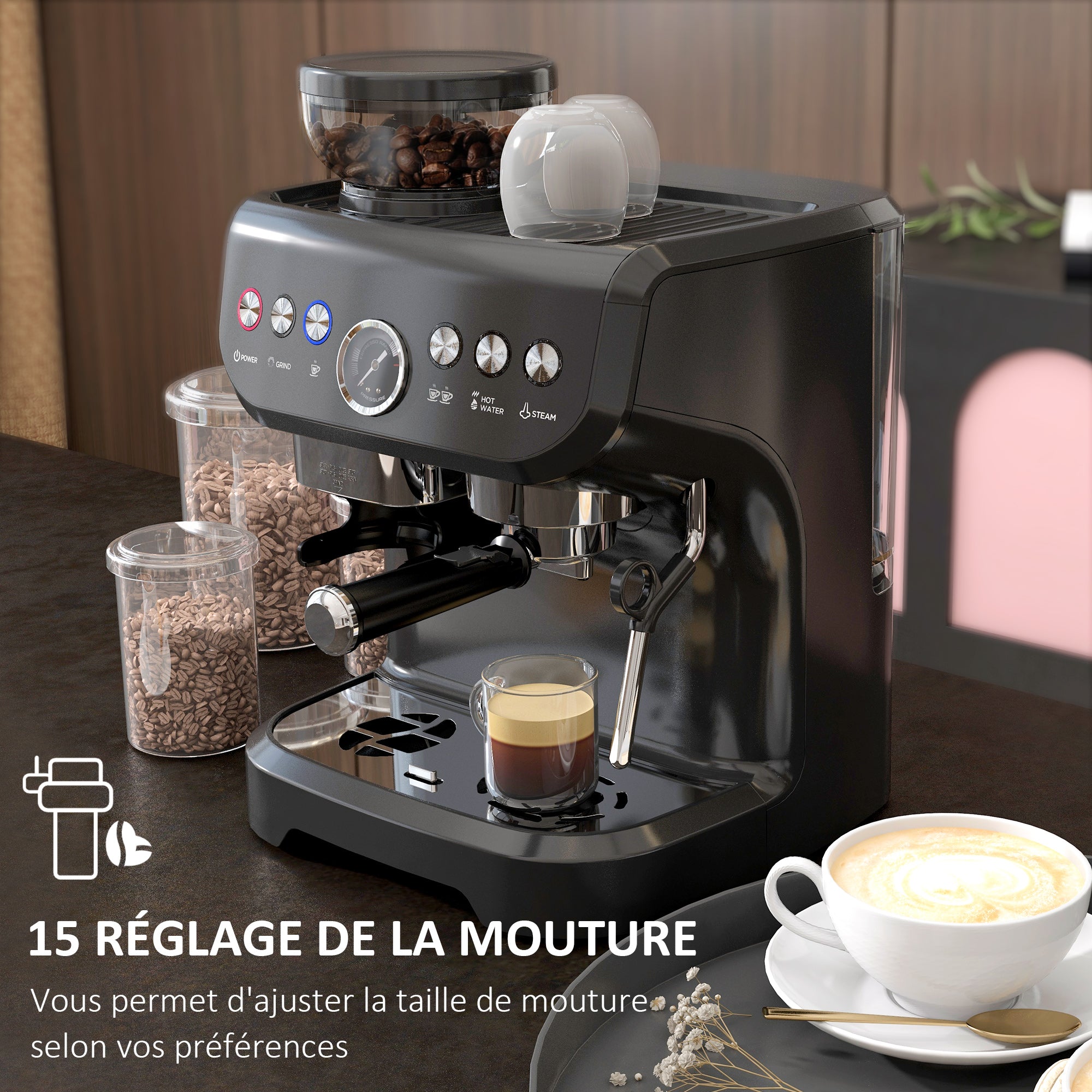 Machine à expresso machine à café à grains 1600W avec moulin à grains, buse vapeur, pompe italienne 15 bars, 1 ou 2 tasses, réservoir d'eau 2 L, cafetière espresso en acier inoxydable, noir