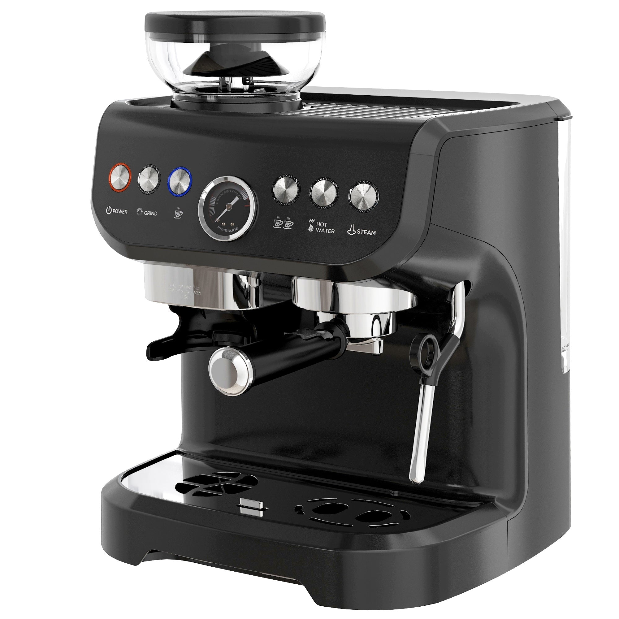 Machine à expresso machine à café à grains 1600W avec moulin à grains, buse vapeur, pompe italienne 15 bars, 1 ou 2 tasses, réservoir d'eau 2 L, cafetière espresso en acier inoxydable, noir