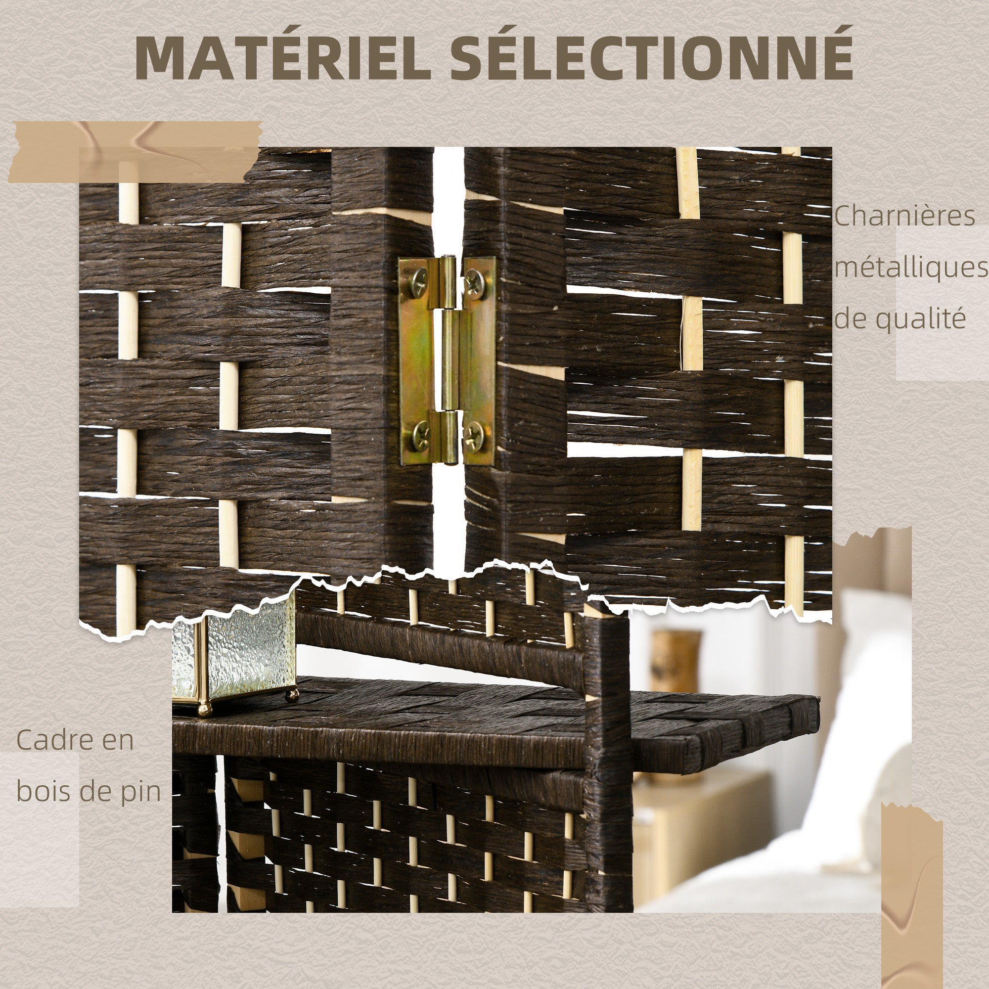 Paravent séparateur de pièce 4 panneaux 160 x170 cm avec 2 étagères, pliable, en bois pour le bureau, salon, chambre, marron