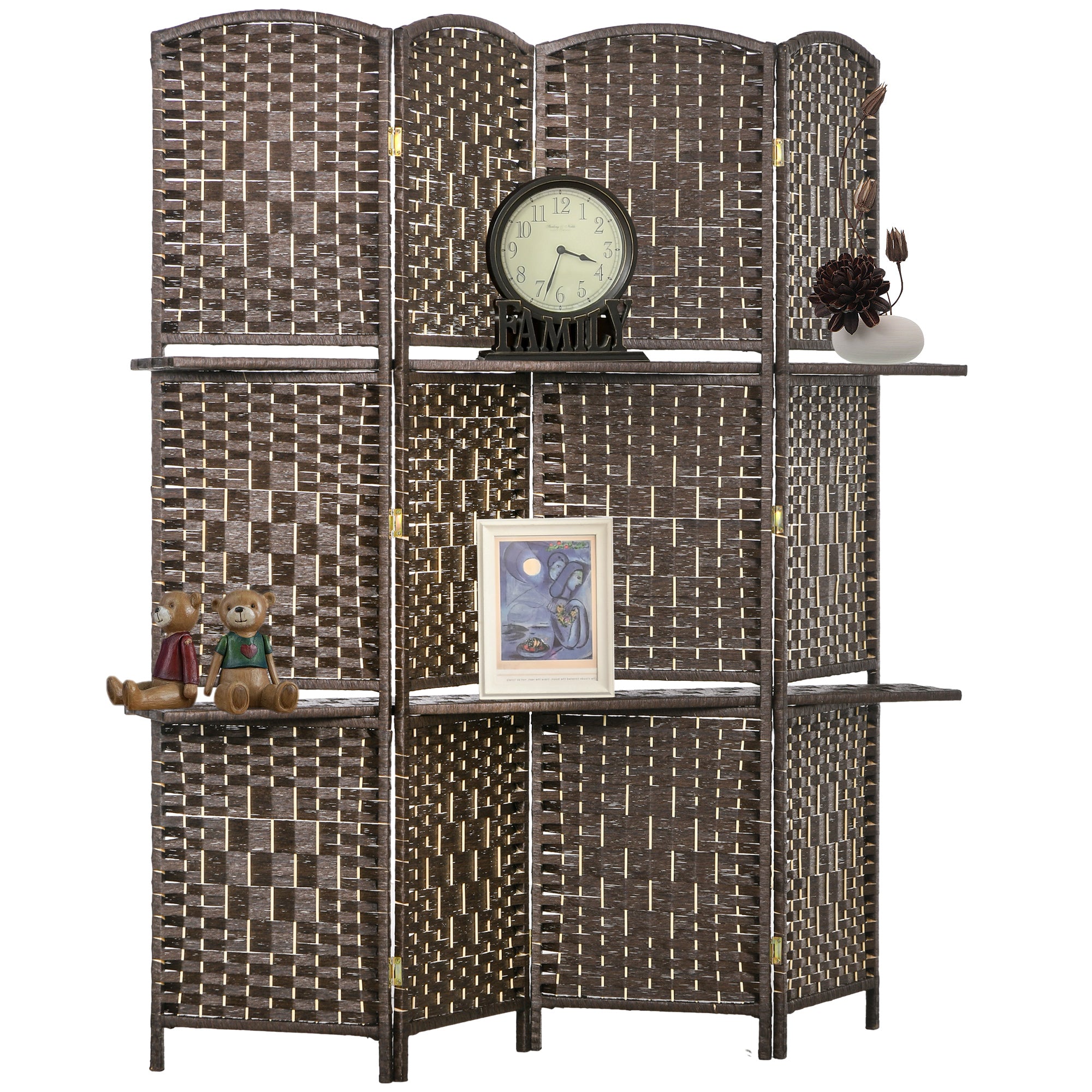 Paravent séparateur de pièce 4 panneaux 160 x170 cm avec 2 étagères, pliable, en bois pour le bureau, salon, chambre, marron