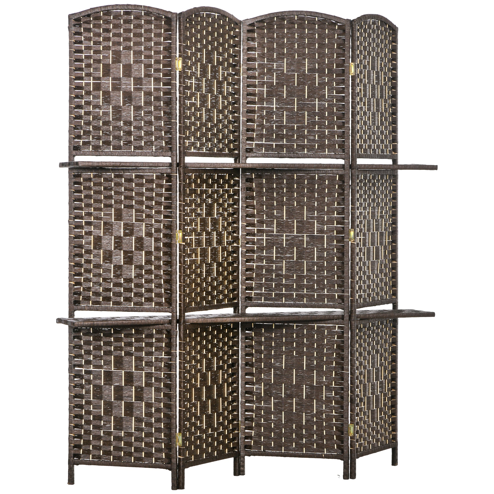 Paravent séparateur de pièce 4 panneaux 160 x170 cm avec 2 étagères, pliable, en bois pour le bureau, salon, chambre, marron