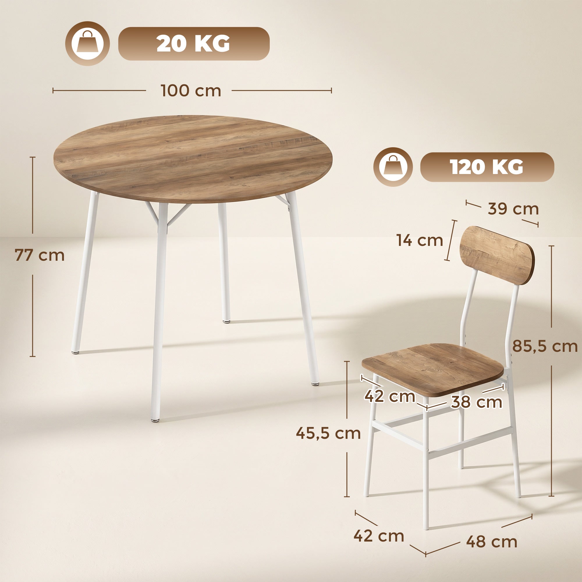 Ensemble table salle à manger avec 4 chaises, table de cuisine avec chaises pour 4 personnes, plateau rond Ø 100 cm, cadre en métal, style industriel, pour salon, petit espace, bois naturel