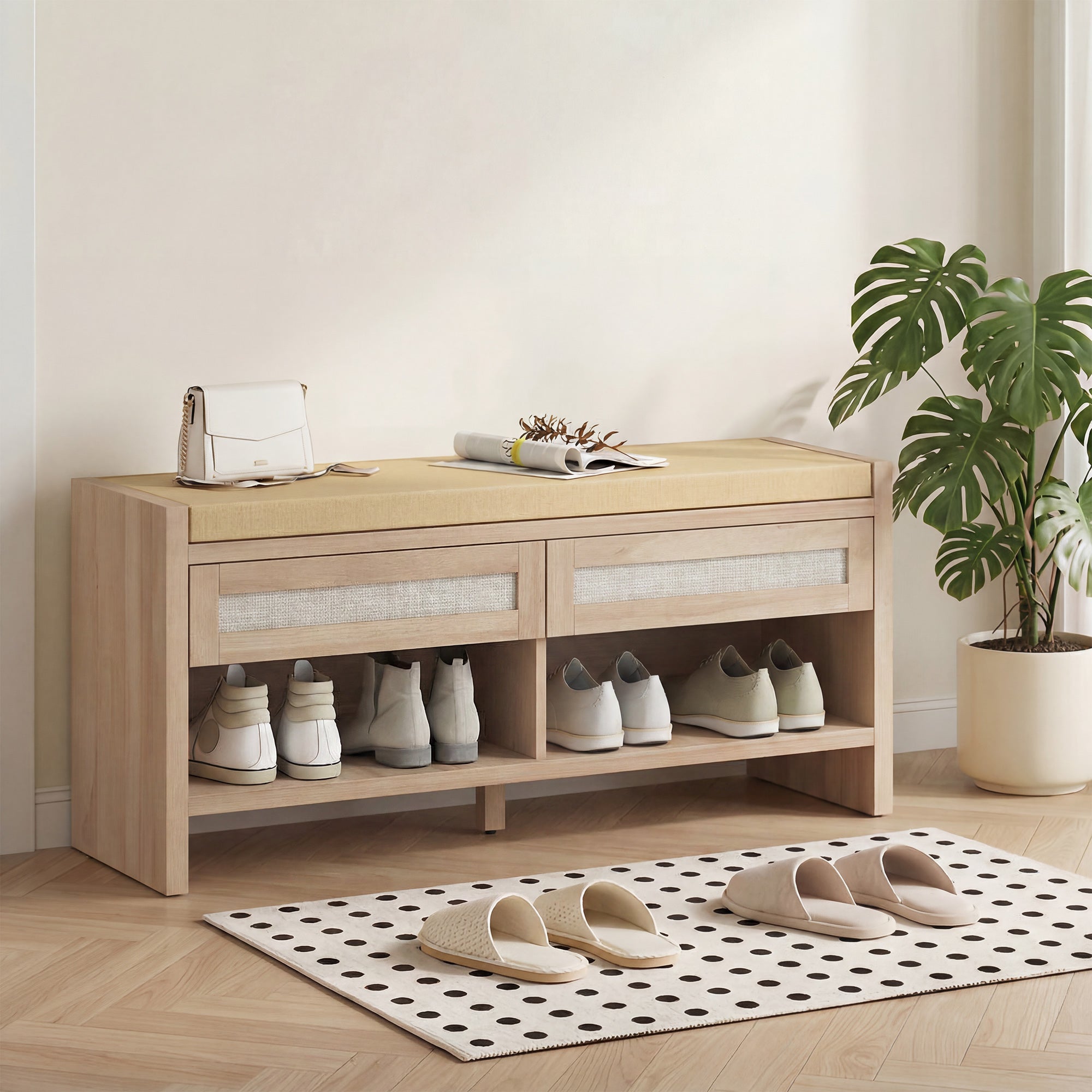 Banc chaussures entrée, banc de rangement, assise rembourrée en lin, 2 tiroirs en rotin et étagère ouverte, style bohème, pour entrée, couloir, 108 x 35 x 50 cm, chêne et marron clair