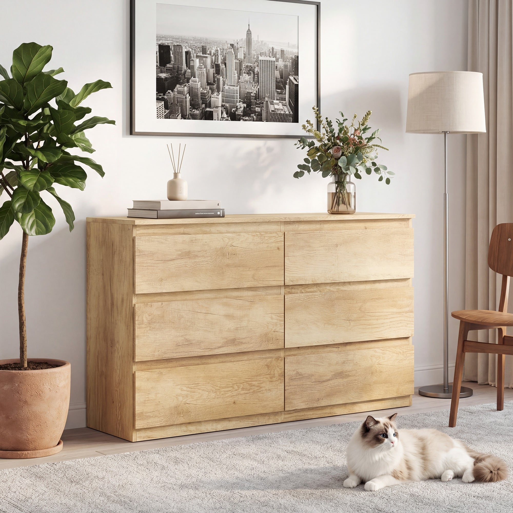 Commode 6 tiroirs, meuble de rangement étroit sans poignées, chiffonnier, style moderne, commode pour chambre à coucher, salon, couloir, 120 x 39 x 75 cm, chêne