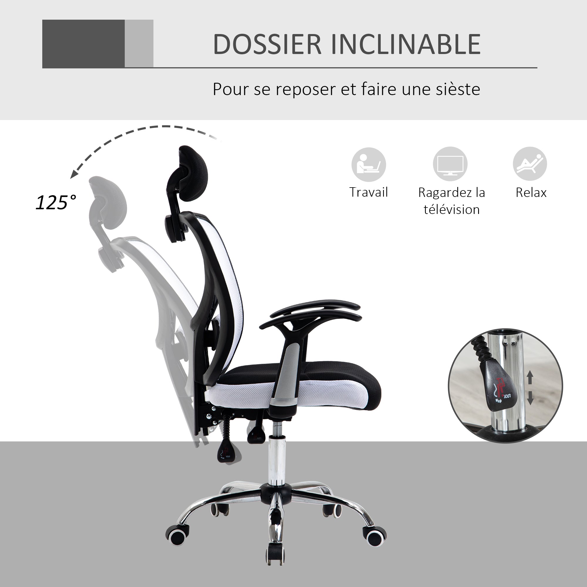 Chaise de bureau, fauteuil de bureau ergonomique en maille avec hauteur et appui-tête réglable, dossier inclinable et support lombaire, pour chambre, télétravail, charge 120 Kg, noir et blanc