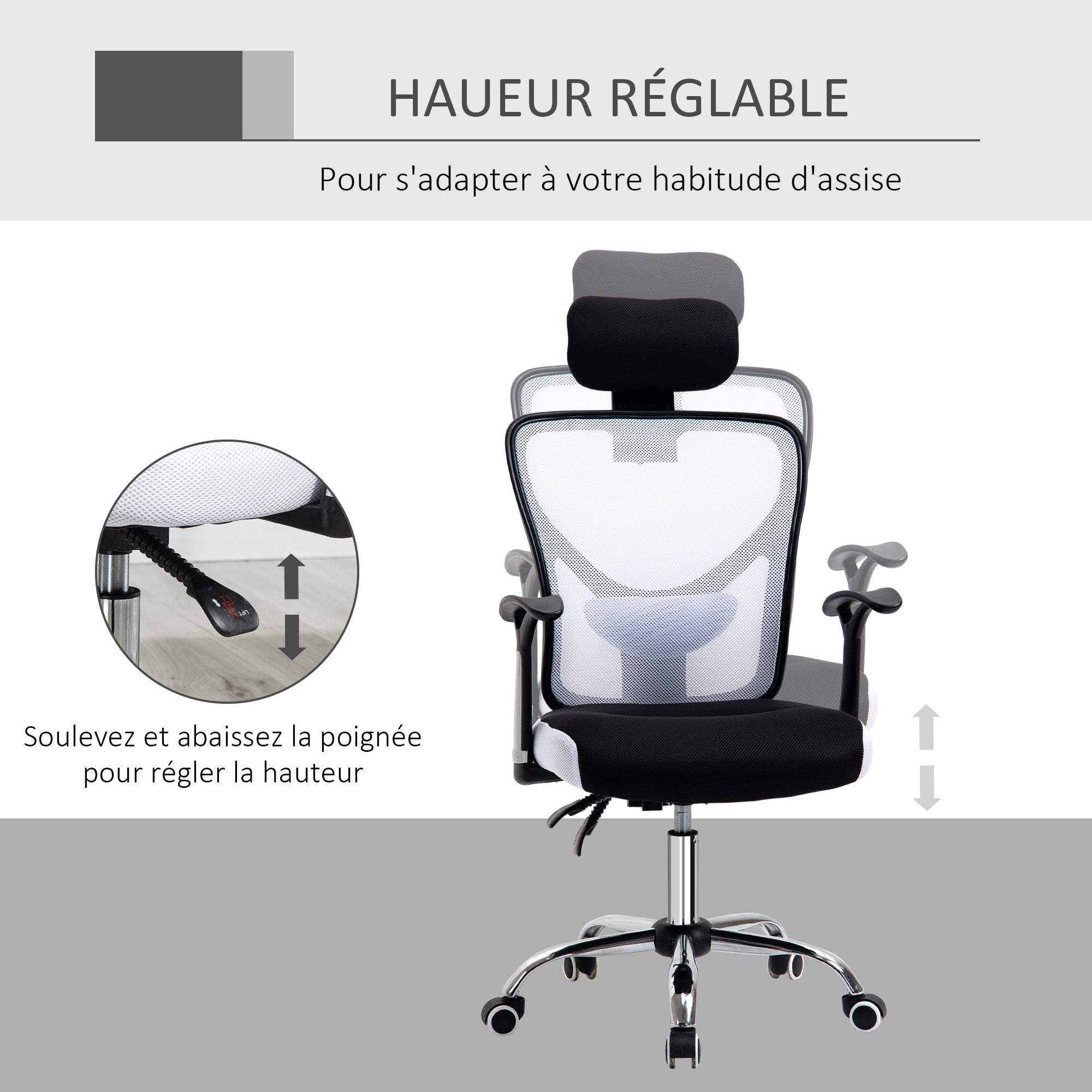 Chaise de bureau, fauteuil de bureau ergonomique en maille avec hauteur et appui-tête réglable, dossier inclinable et support lombaire, pour chambre, télétravail, charge 120 Kg, noir et blanc