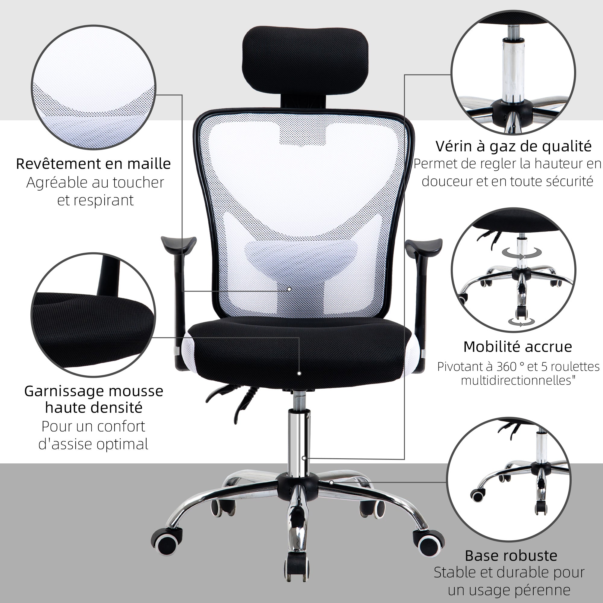 Chaise de bureau, fauteuil de bureau ergonomique en maille avec hauteur et appui-tête réglable, dossier inclinable et support lombaire, pour chambre, télétravail, charge 120 Kg, noir et blanc