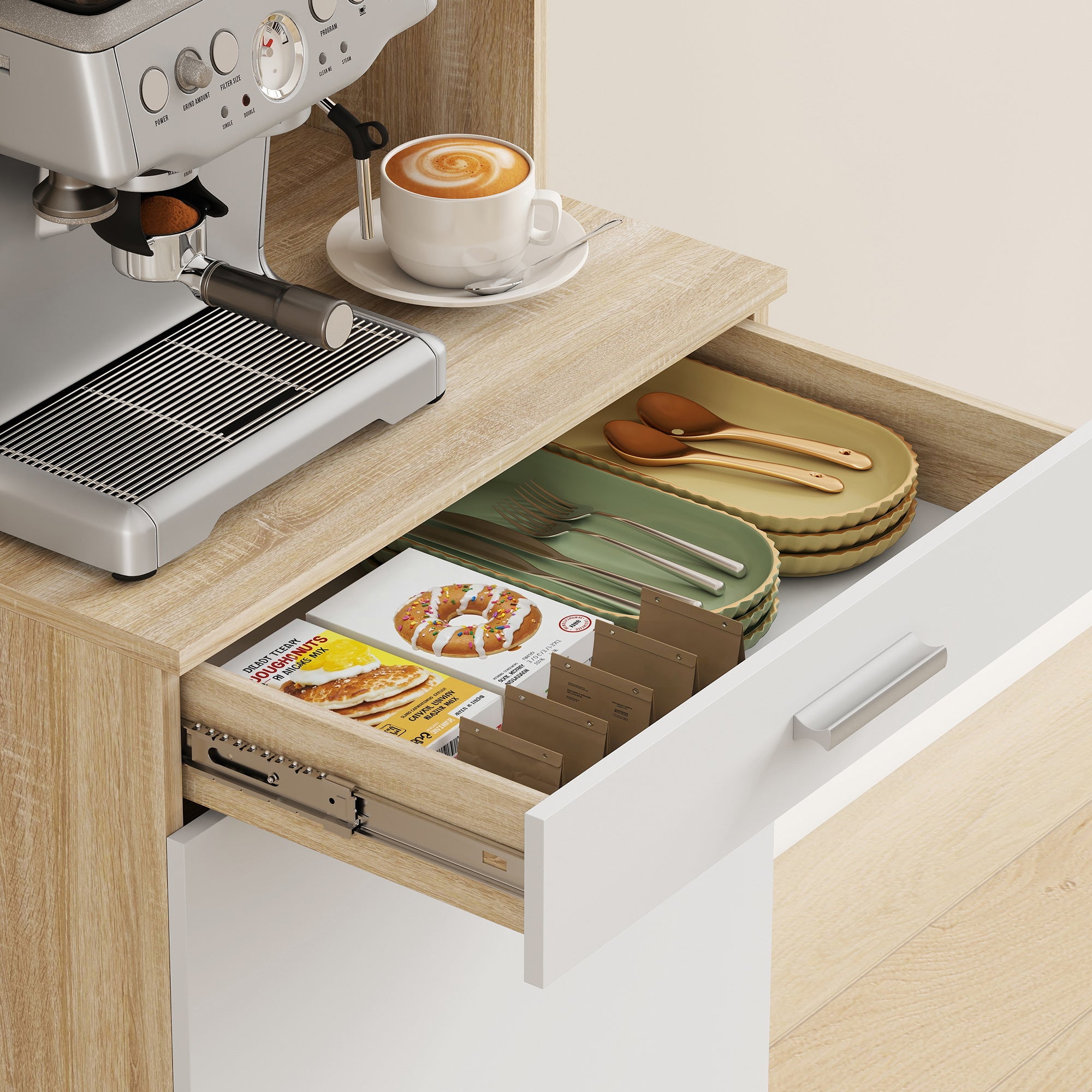 Buffet haut cuisine, armoire de cuisine, vaisselier avec 2 portes, tiroir et plan de travail, style moderne, meuble de rangement pour salon, salle à manger, 55x40x174 cm, blanc et bois naturel