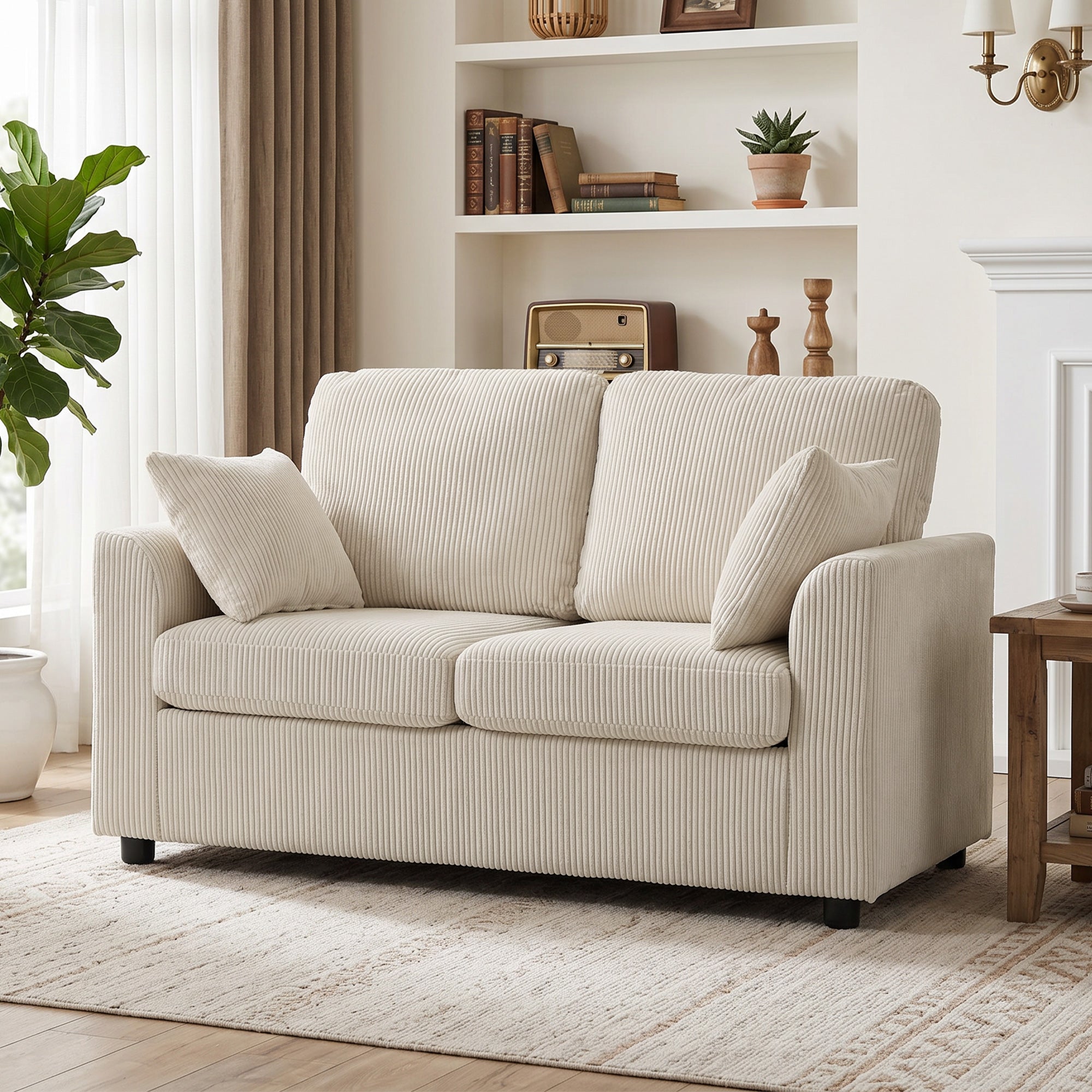 Canapé 2 Places en Velours Côtelé, Canapé de Salon 144 cm avec Assise Large Rembourrée, Coussin Épais à Ressorts, 2 Oreillers, Style Moderne, pour Chambre, Appartement, Petit Espace, Beige