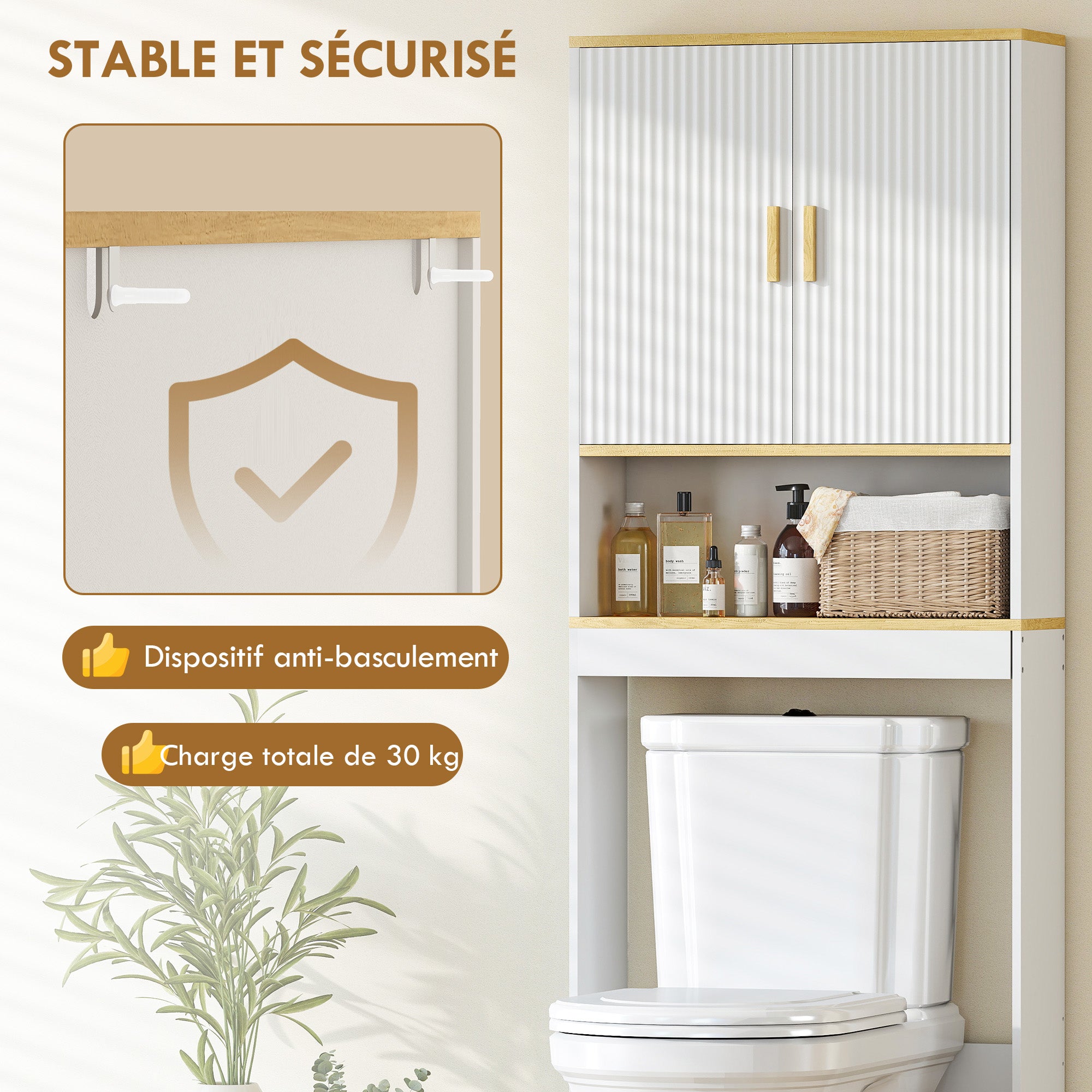 Meuble WC rangement au-dessus des toilettes à 3 niveaux, étagère de toilettes avec étagères réglables, meuble de salle de bain, 64 x 20 x 170,5 cm, blanc et chêne