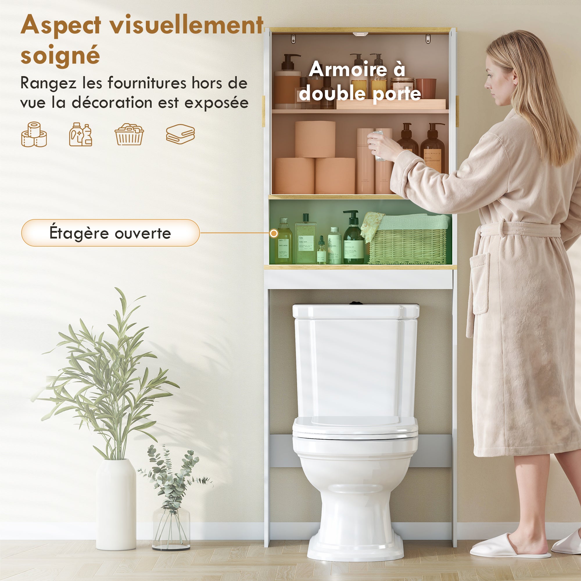 Meuble WC rangement au-dessus des toilettes à 3 niveaux, étagère de toilettes avec étagères réglables, meuble de salle de bain, 64 x 20 x 170,5 cm, blanc et chêne