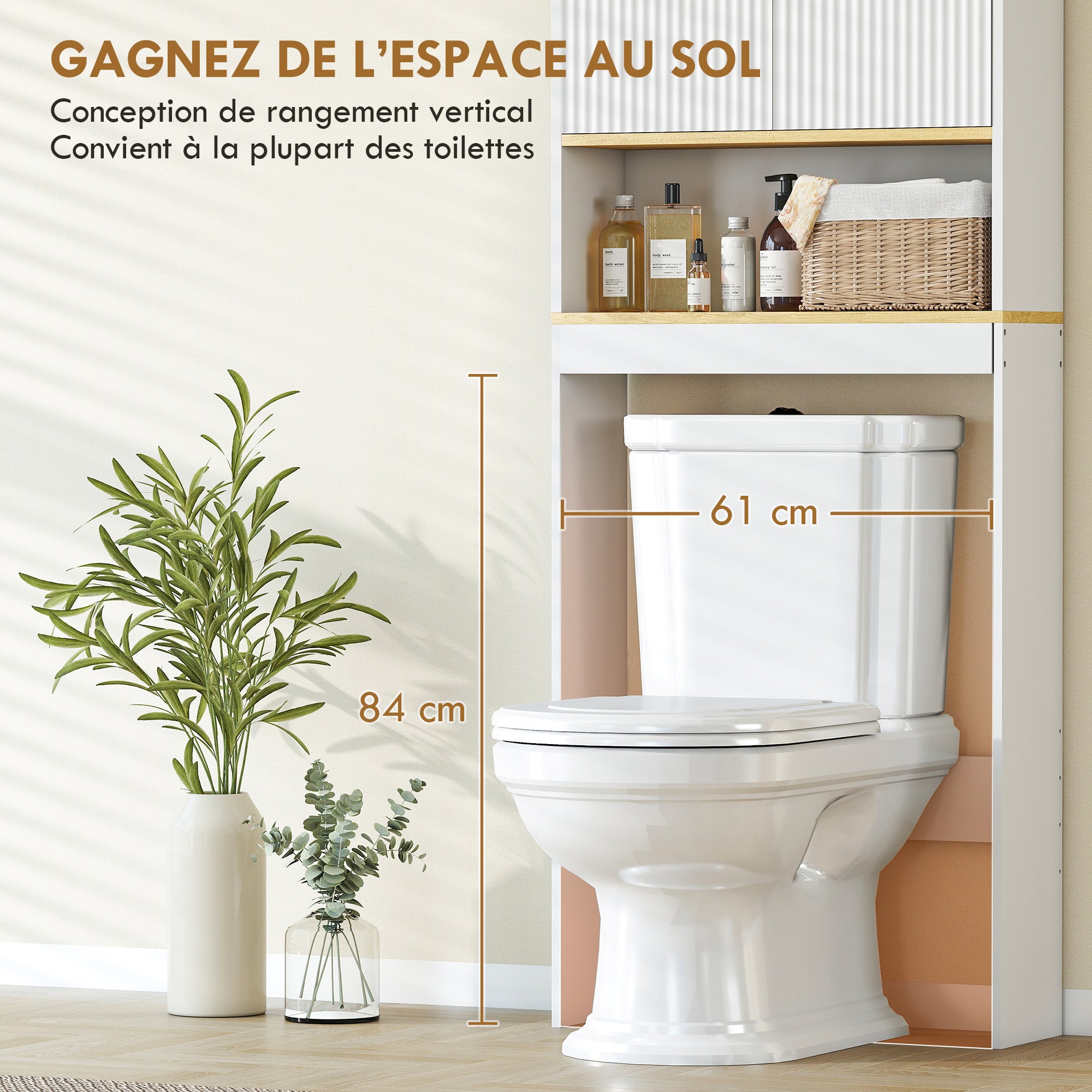 Meuble WC rangement au-dessus des toilettes à 3 niveaux, étagère de toilettes avec étagères réglables, meuble de salle de bain, 64 x 20 x 170,5 cm, blanc et chêne