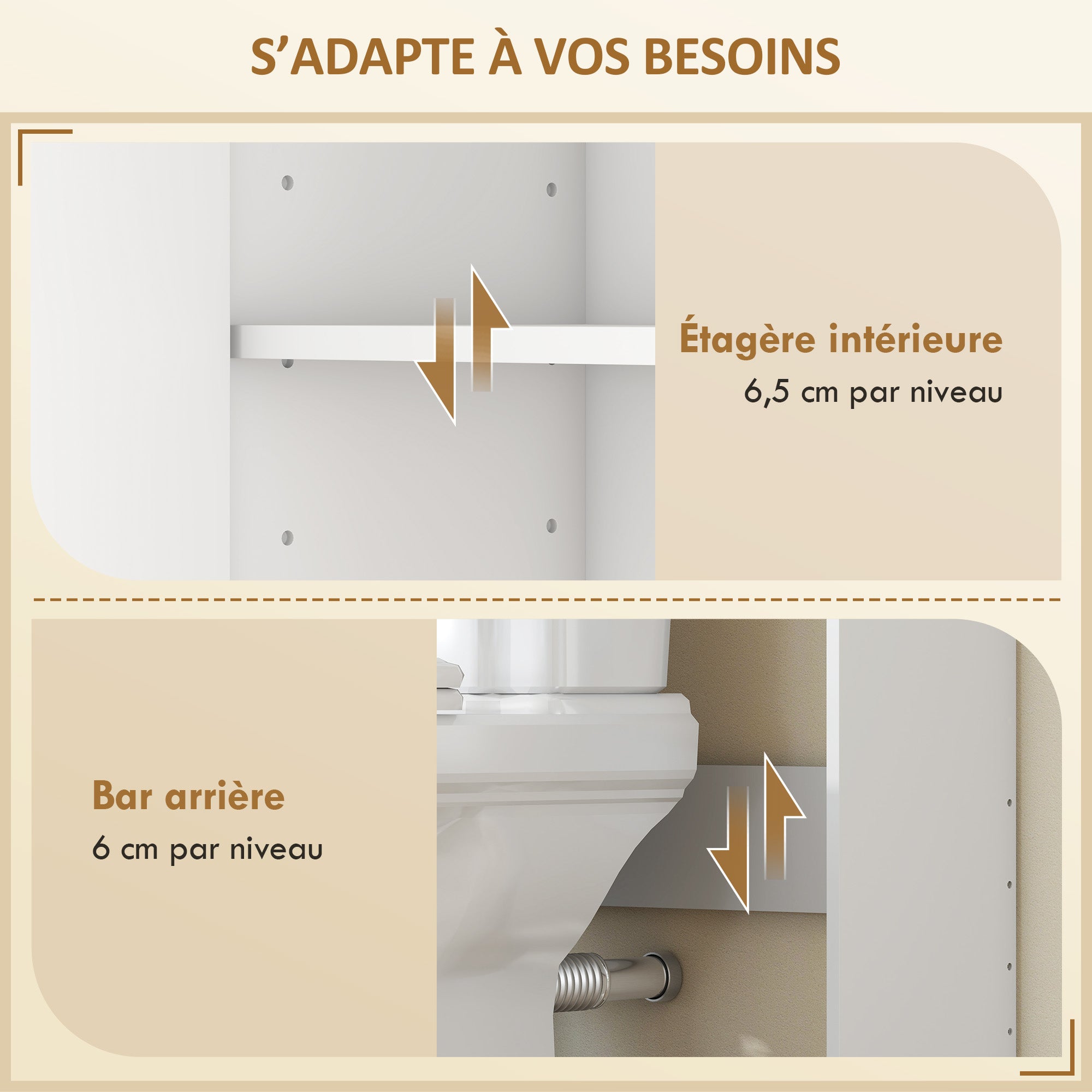 Meuble WC rangement au-dessus des toilettes à 3 niveaux, étagère de toilettes avec étagères réglables, meuble de salle de bain, 64 x 20 x 170,5 cm, blanc et chêne
