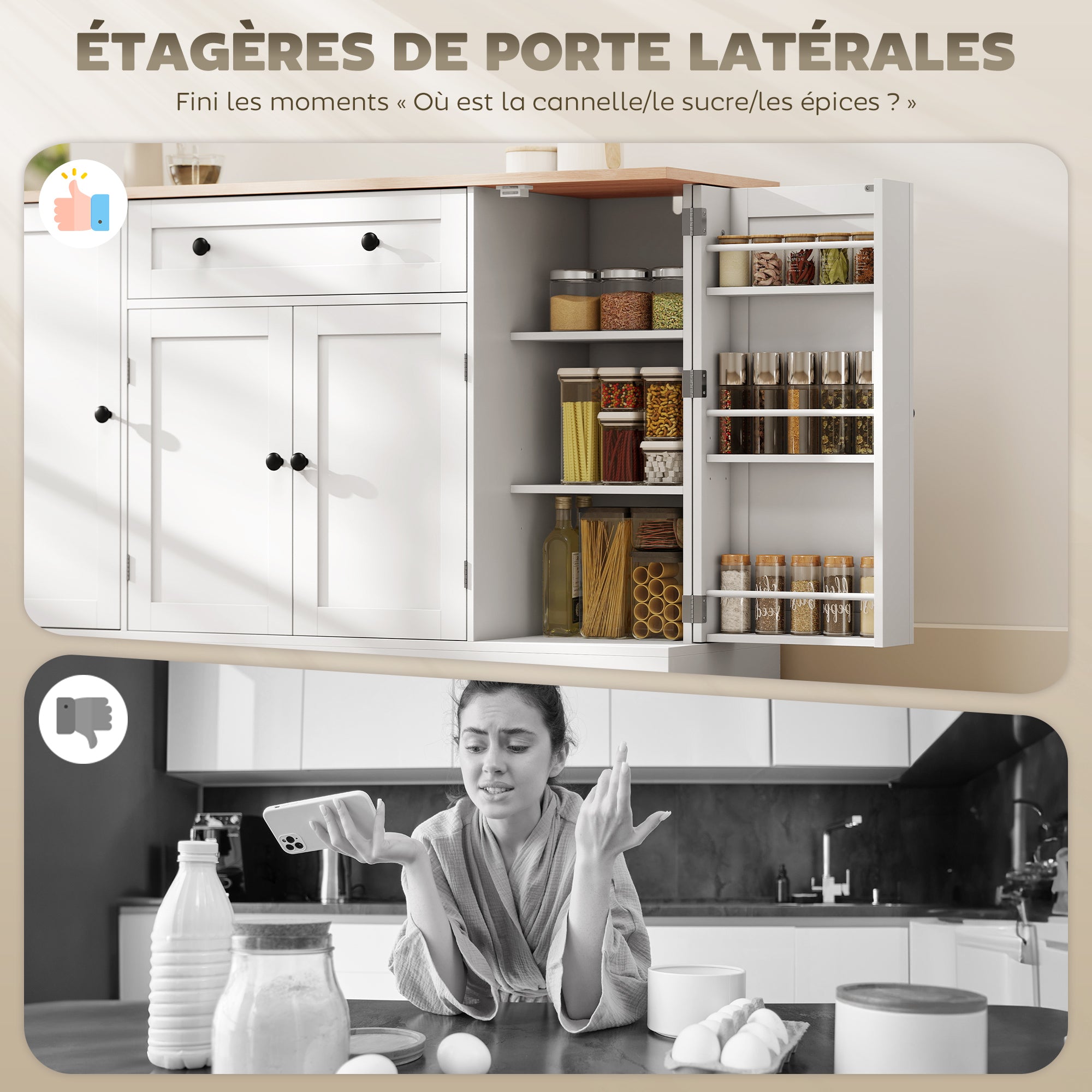 Buffet Cuisine, Meuble de Rangement avec Tiroir, 4 Portes, Étagères Réglables et 6 Racks de Porte, Style Moderne, Buffet Salle à Manger, Salon et Chambre, 138 x 40 x 83,5 cm, Blanc