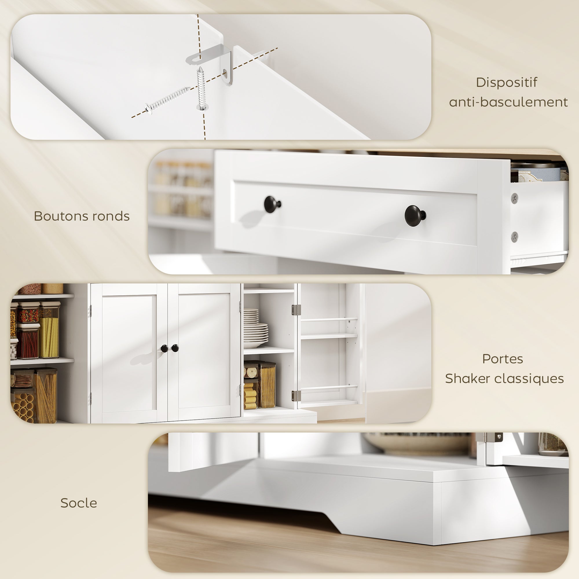Buffet Cuisine, Meuble de Rangement avec Tiroir, 4 Portes, Étagères Réglables et 6 Racks de Porte, Style Moderne, Buffet Salle à Manger, Salon et Chambre, 138 x 40 x 83,5 cm, Blanc