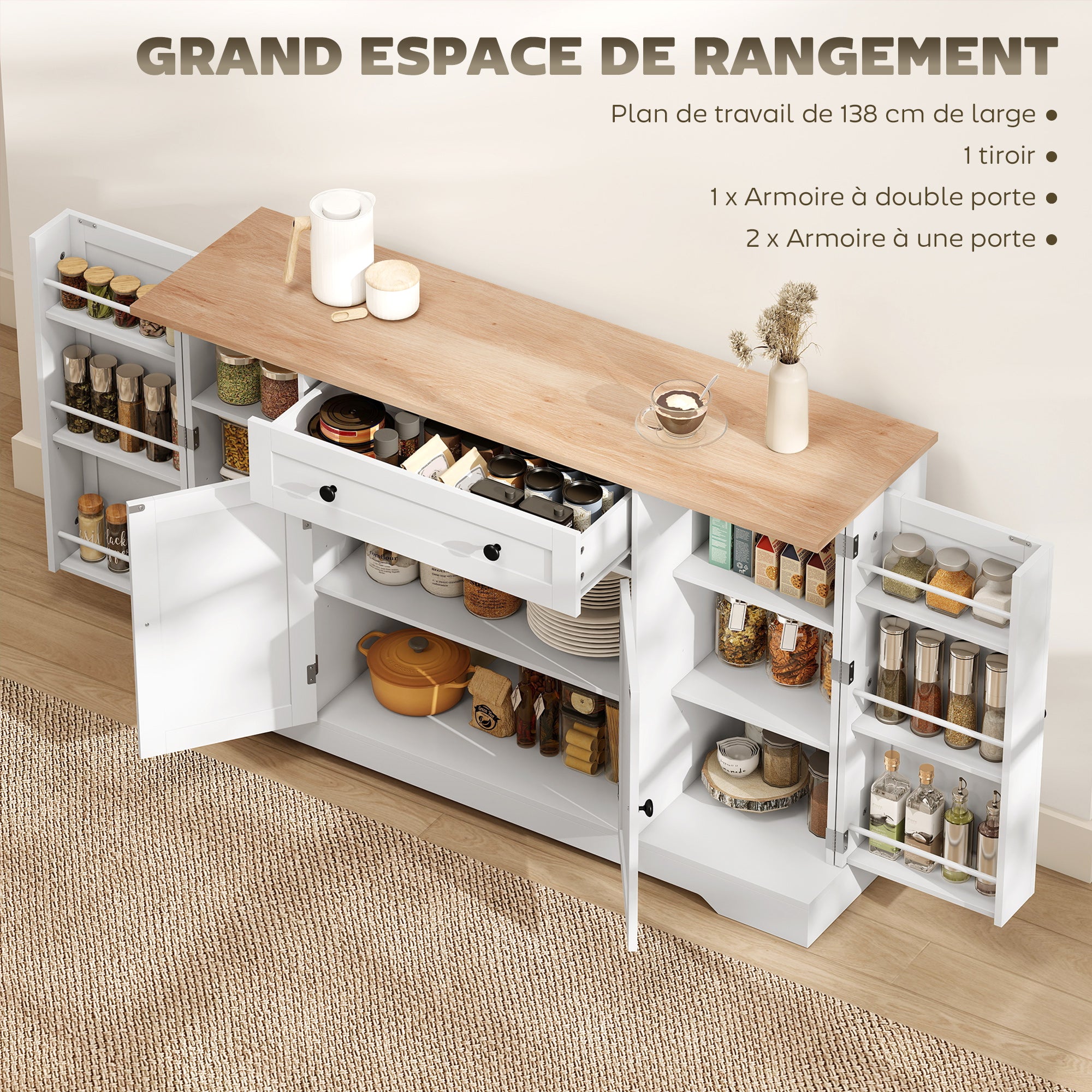 Buffet Cuisine, Meuble de Rangement avec Tiroir, 4 Portes, Étagères Réglables et 6 Racks de Porte, Style Moderne, Buffet Salle à Manger, Salon et Chambre, 138 x 40 x 83,5 cm, Blanc