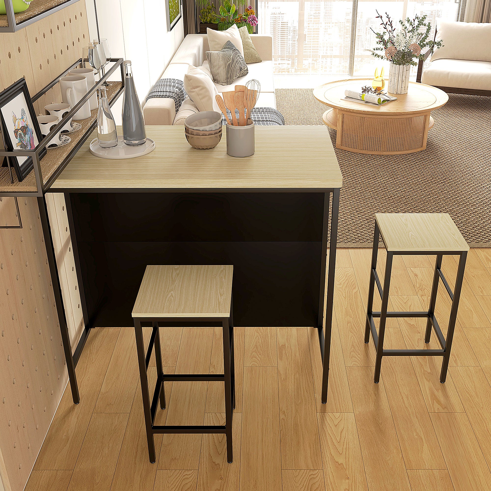 Ensemble table de bar et 2 tabourets style industriel avec étagère de rangement, repose-pieds, métal noir et aspect bois