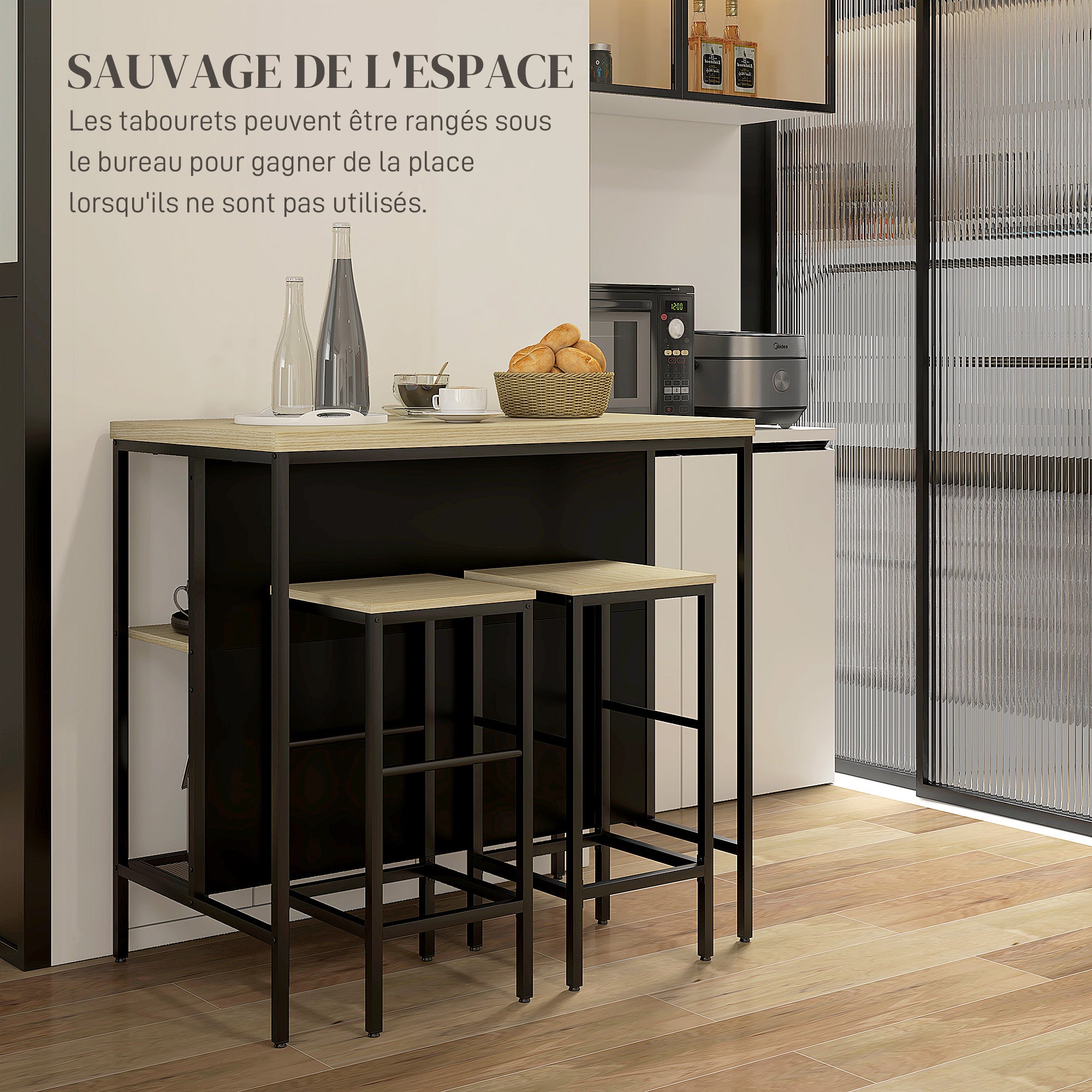 Ensemble table de bar et 2 tabourets style industriel avec étagère de rangement, repose-pieds, métal noir et aspect bois