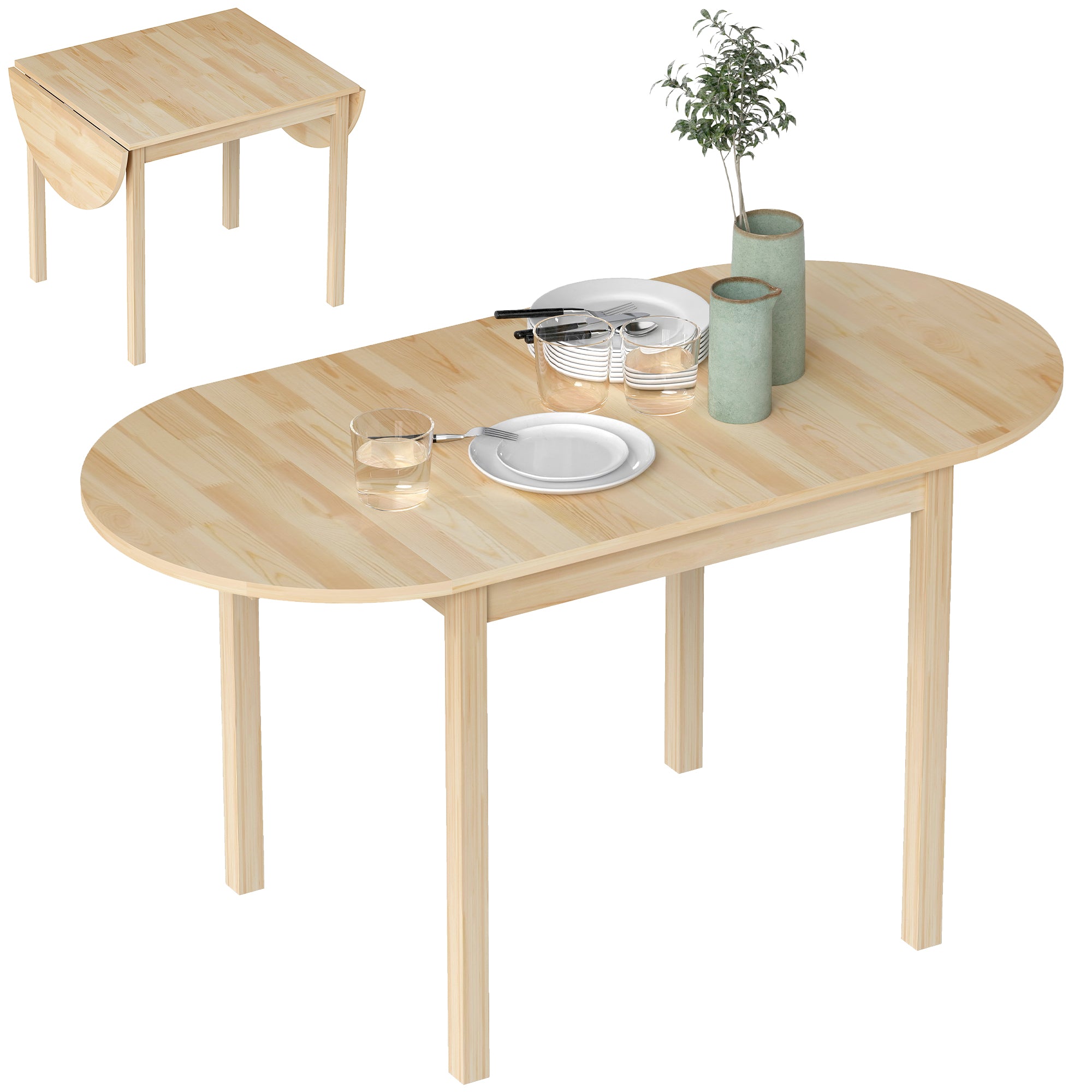 Table de salle à manger pliante pour 4-6 personnes en bois massif 2 abattants - table ovale extensible - peu encombrante, pour petit espace, 140L x 70l x 75H cm