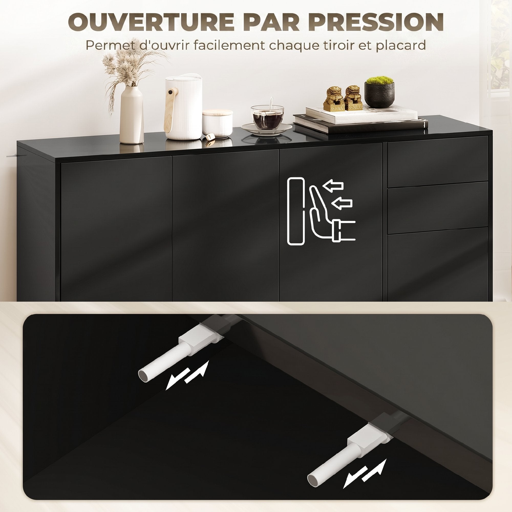 Buffet meuble de rangement 2 tiroirs coulissants 4 portes étagère réglable panneaux de particules 140 x 36 x 74 cm noir