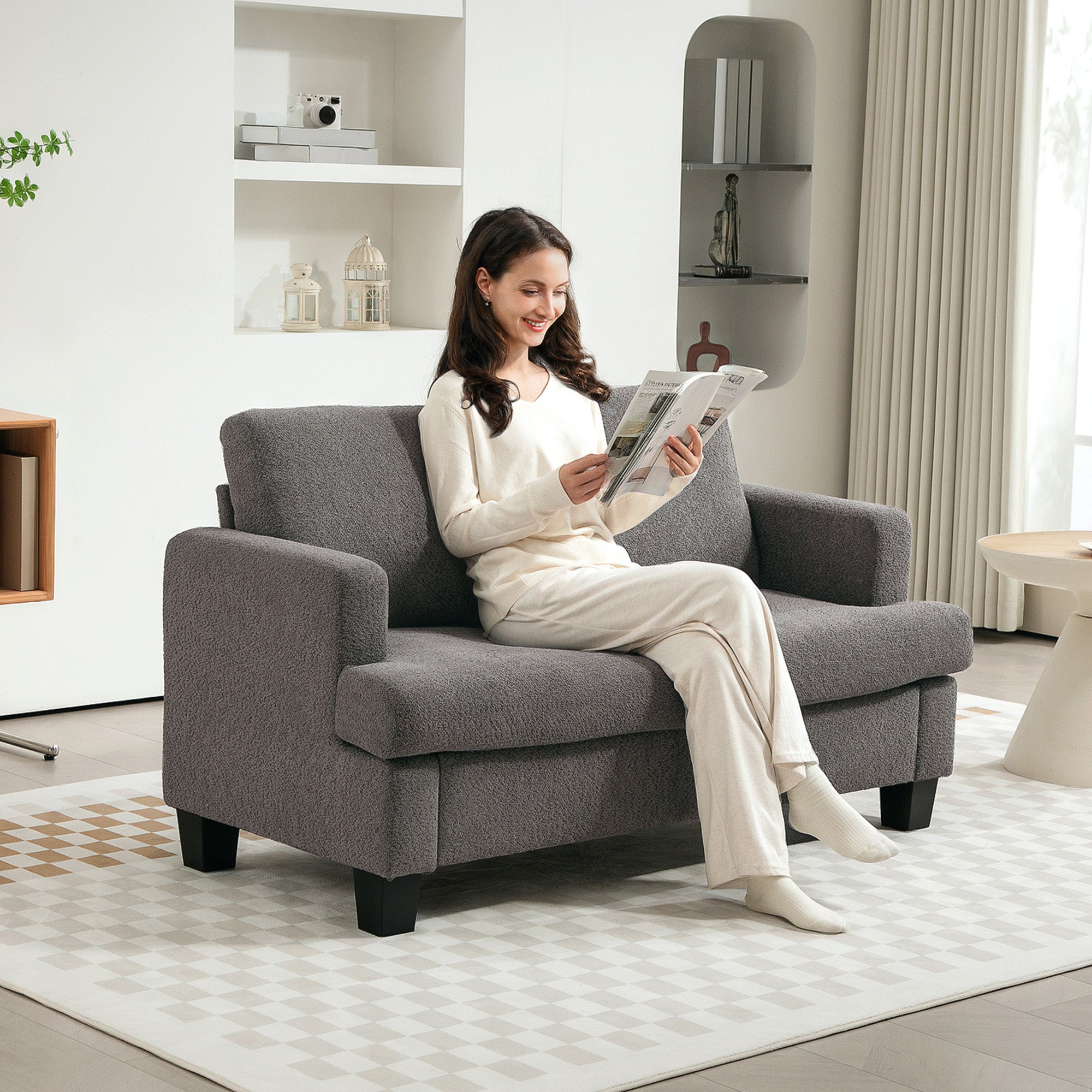 Canapé 2 places canapé de salon 140 cm style moderne avec coussins de dossier amovibles et accoudoirs, mini sofa pour chambre, appartement, petit espace, gris foncé