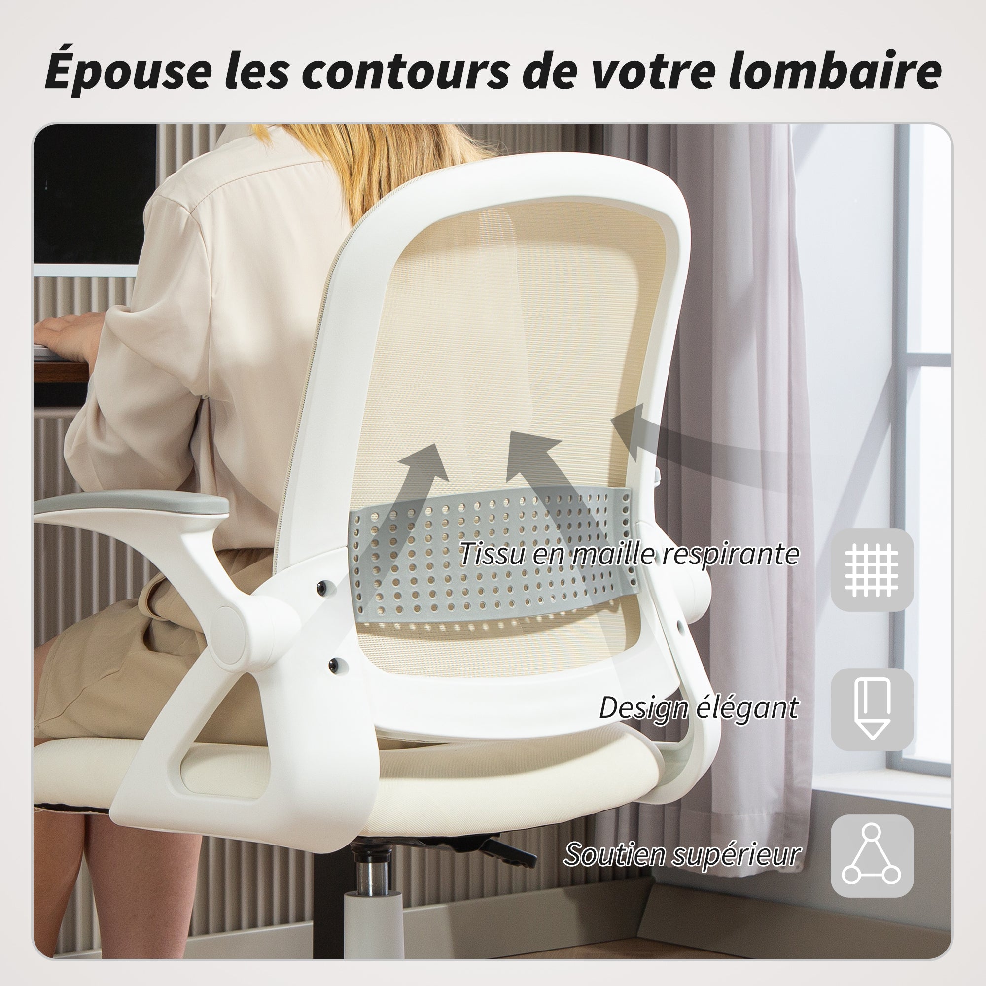 Chaise bureau ergonomique, fauteuil de bureau en maille avec accoudoirs relevables, hauteur réglable, soutien lombaire et pivotant à 360°, 57,5 x 60 x 101 cm, blanc