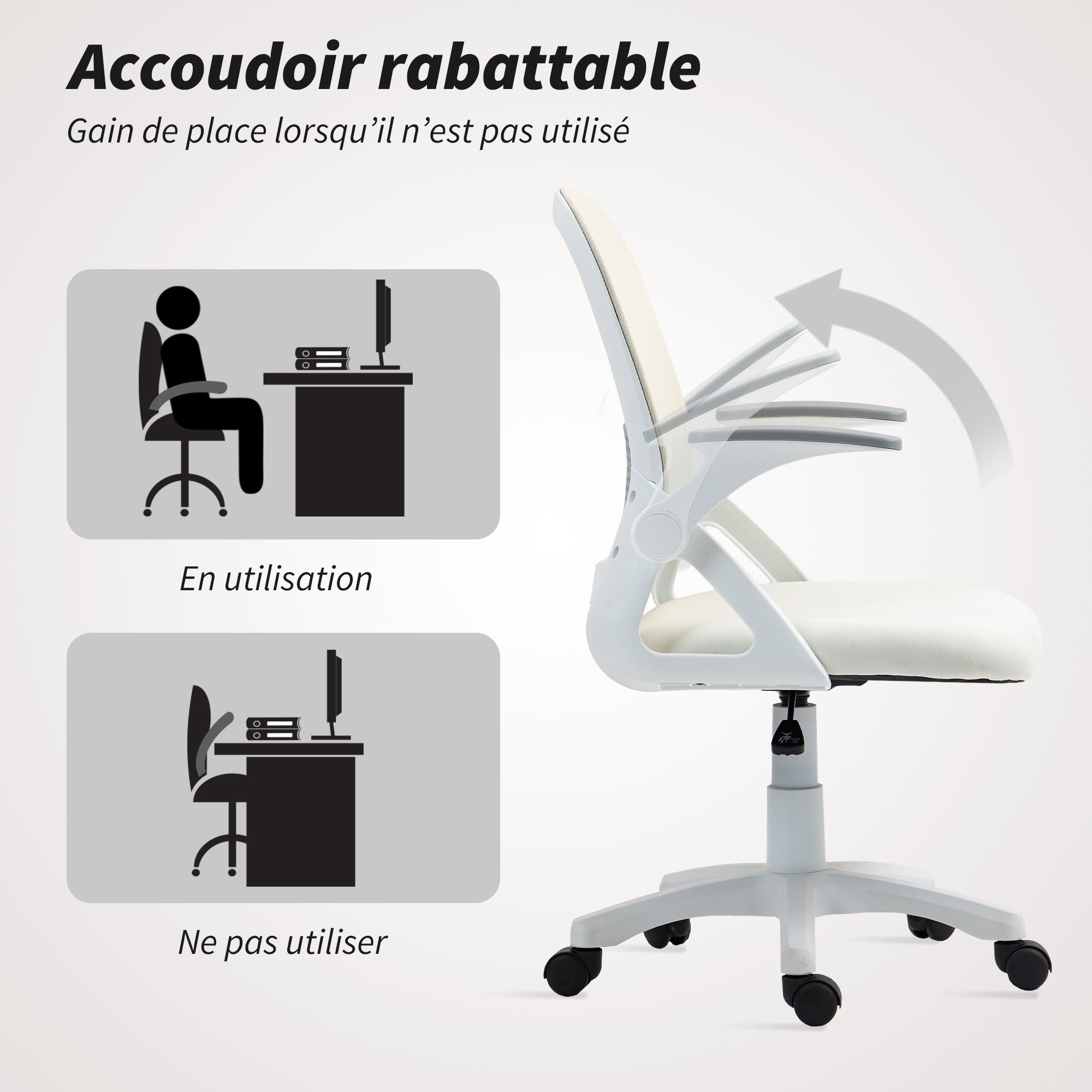 Chaise bureau ergonomique, fauteuil de bureau en maille avec accoudoirs relevables, hauteur réglable, soutien lombaire et pivotant à 360°, 57,5 x 60 x 101 cm, blanc