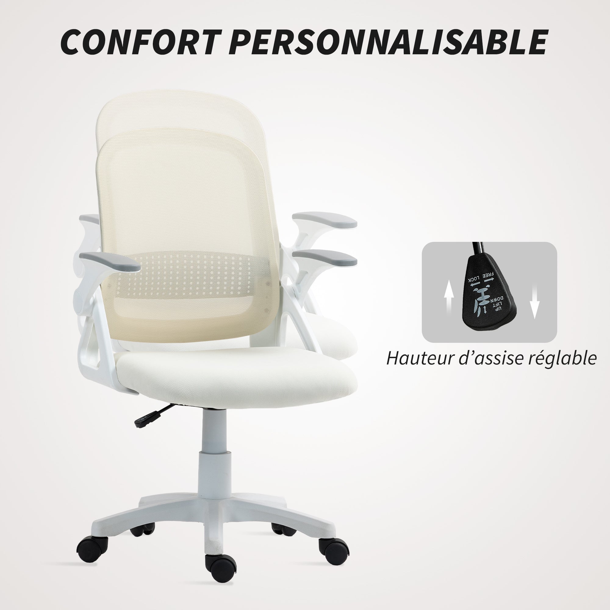 Chaise bureau ergonomique, fauteuil de bureau en maille avec accoudoirs relevables, hauteur réglable, soutien lombaire et pivotant à 360°, 57,5 x 60 x 101 cm, blanc