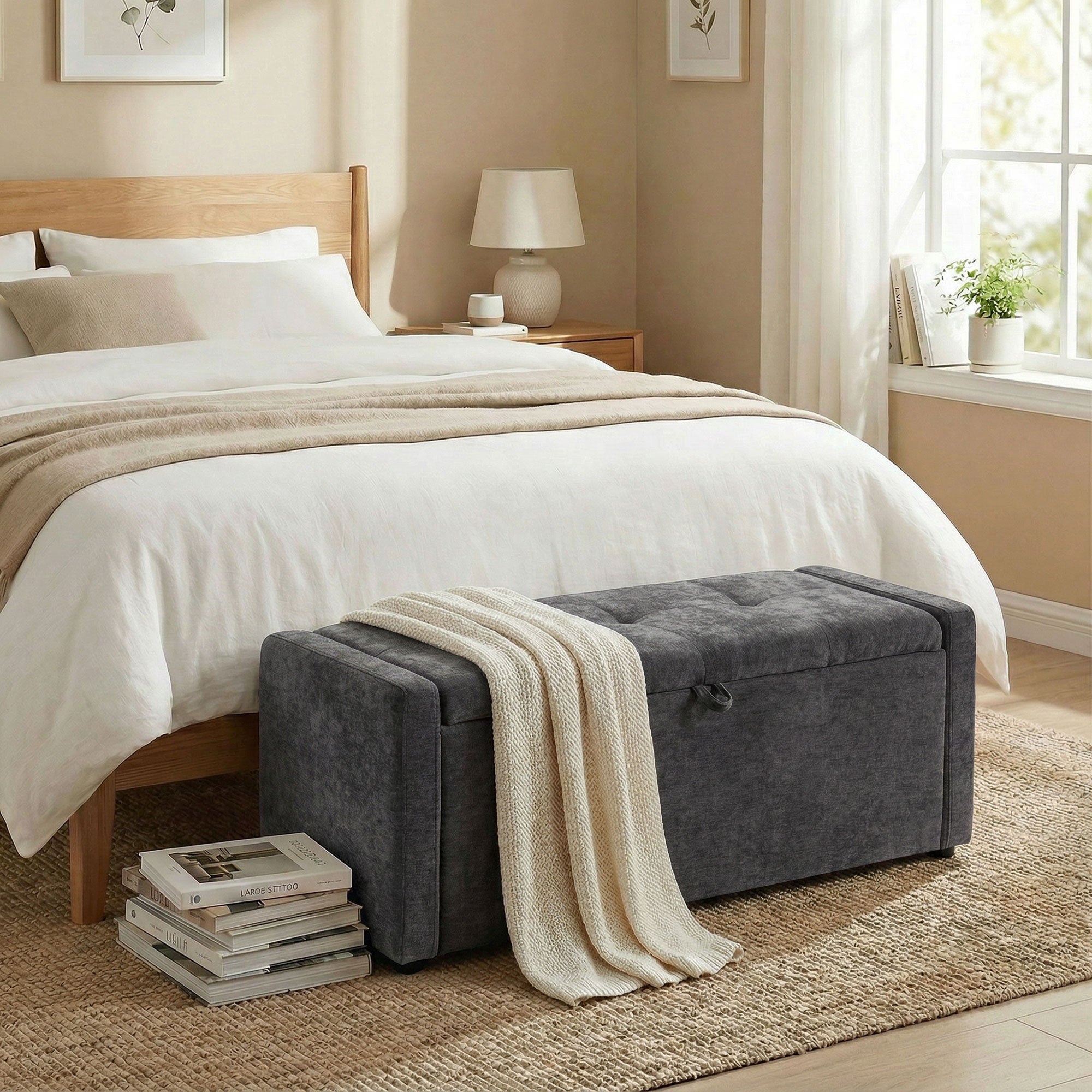 Banc de rangement, bout de lit, repose-pieds rembourré en lin avec assise large et confortable, coffre de rangement pour salon, chambre, entrée, 122 x 48 x 44 cm, gris foncé