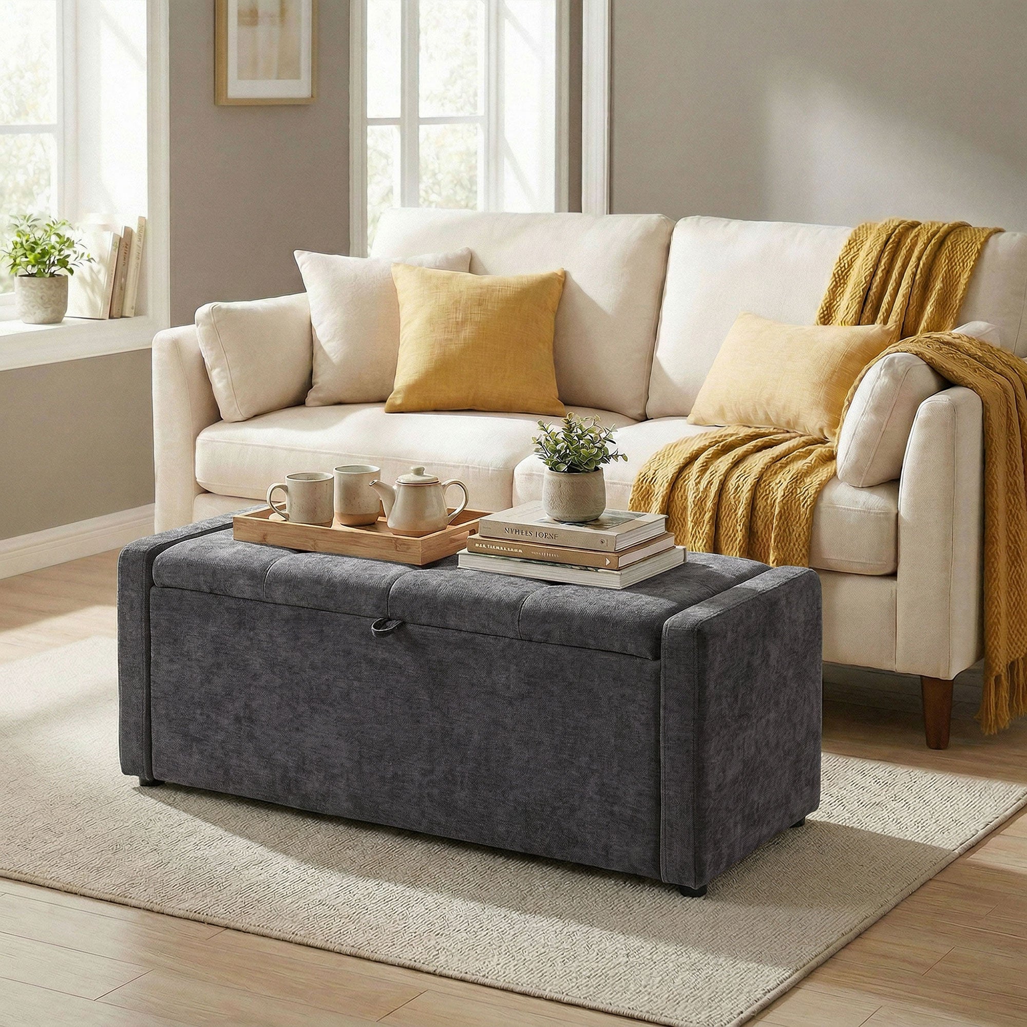 Banc de rangement, bout de lit, repose-pieds rembourré en lin avec assise large et confortable, coffre de rangement pour salon, chambre, entrée, 122 x 48 x 44 cm, gris foncé